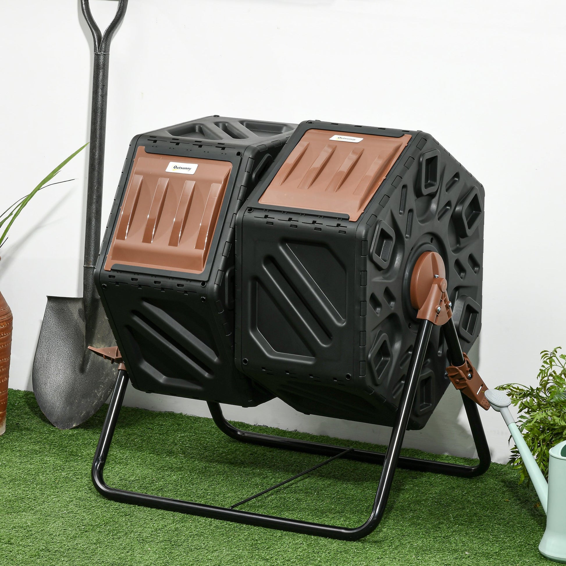 Dual Chamber Garden Compost Bin, 130L Rotating Composter, Compost Maker with Ventilation Openings and Steel Legs, Dark Brown and Black