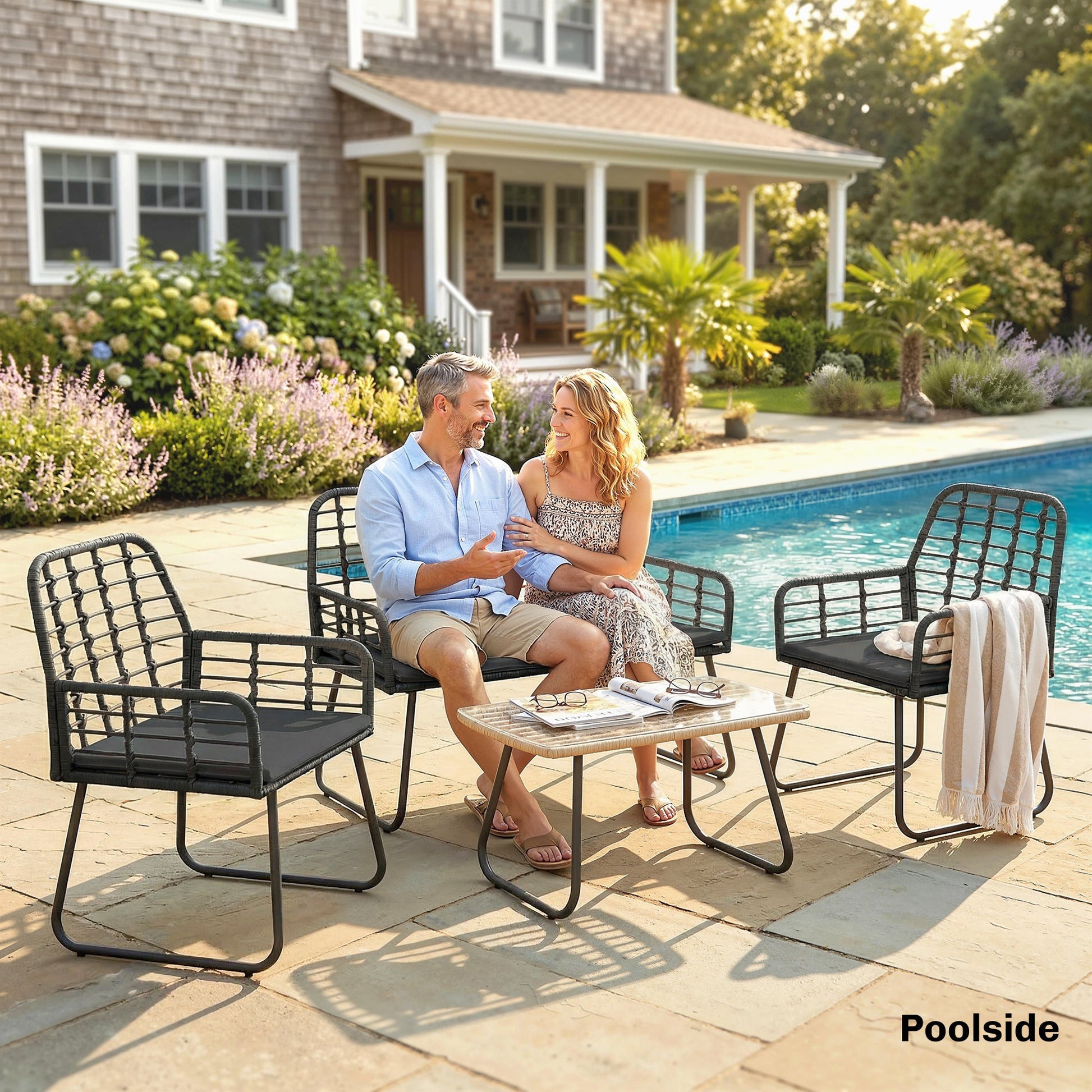 4 Piece Rattan Garden Furniture Set, Outdoor Patio Furniture with Loveseat, Armchairs and Coffee Table, Indoor Balcony Conservatory Set with Cushions for Garden, Poolside, Black