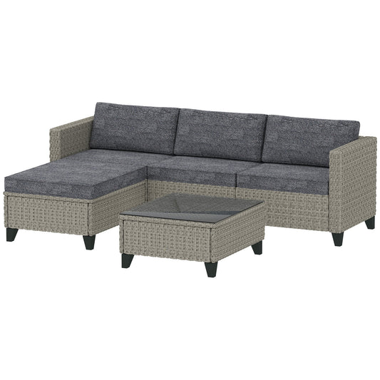 5 Pieces PE Rattan Garden Furniture Set, 4 Seater Garden Corner Sofa Set with Glass Coffee Table, Wicker Outdoor Furniture Set with Cushions for Patio Deck, Dark Grey