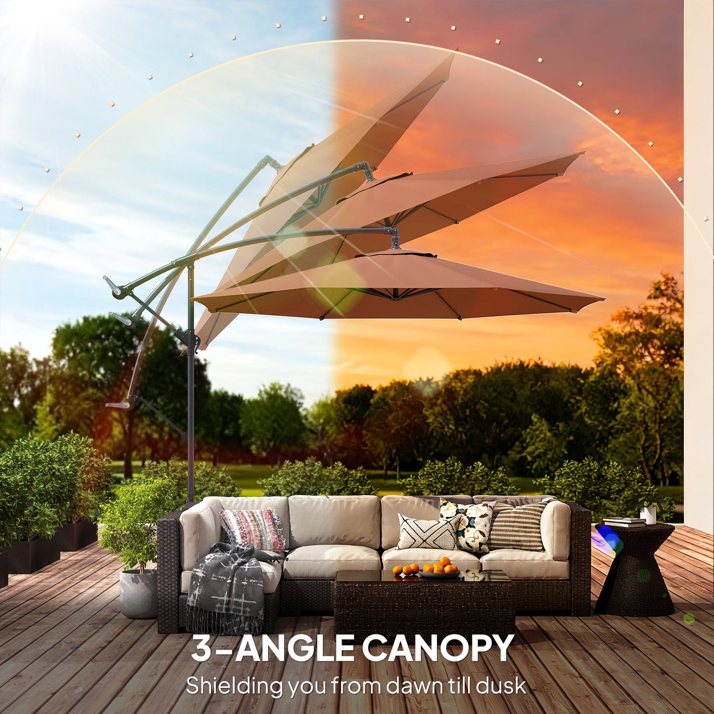 3(m) Garden Banana Parasol Hanging Cantilever Umbrella with Crank Handle, 8 Ribs and Cross Base for Outdoor, Sun Shade, Coffee