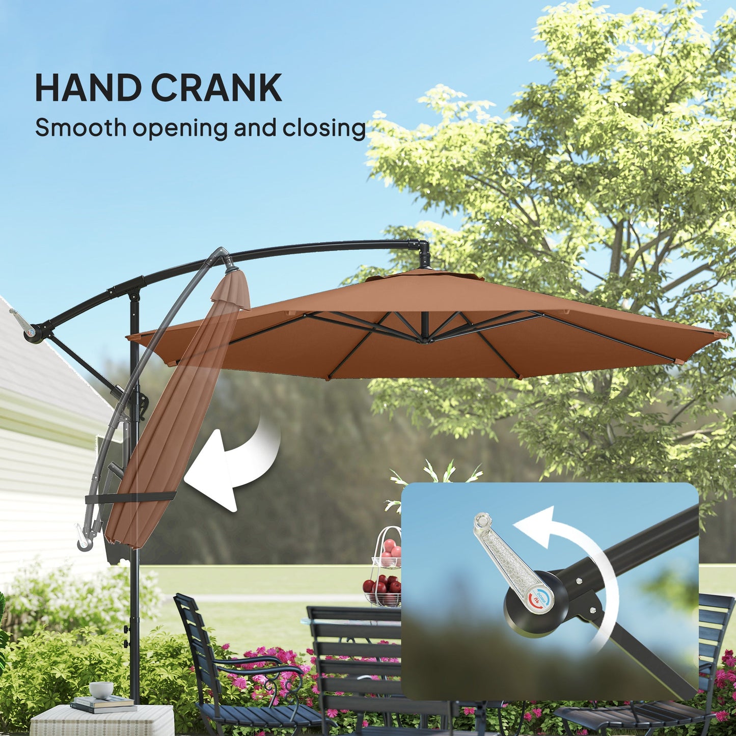 3(m) Garden Banana Parasol Hanging Cantilever Umbrella with Crank Handle, 8 Ribs and Cross Base for Outdoor, Sun Shade, Coffee