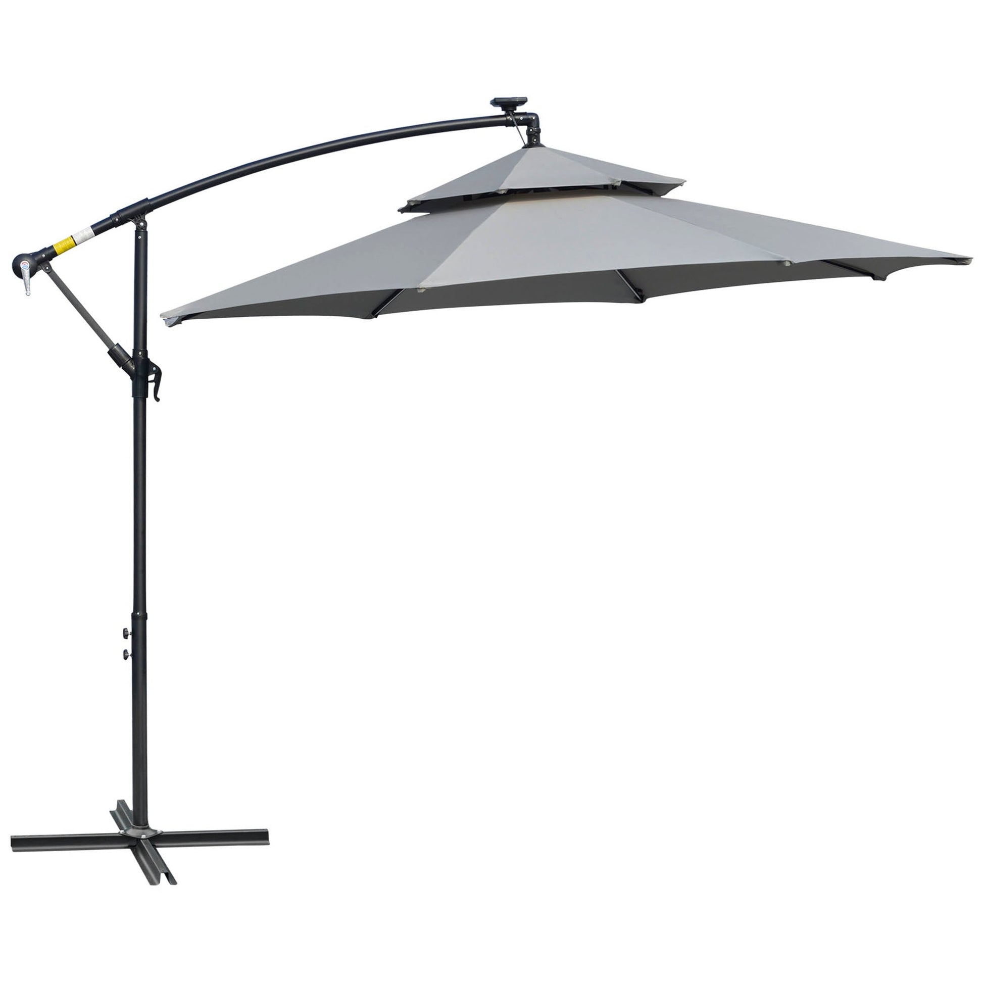 3(m) Cantilever Banana Parasol Hanging Umbrella with Double Roof, LED Solar lights, Crank, 8 Sturdy Ribs and Cross Base for Outdoor, Garden, Patio, Light Grey