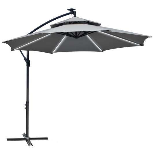 3(m) Cantilever Banana Parasol Hanging Umbrella with Double Roof, LED Solar lights, Crank, 8 Sturdy Ribs and Cross Base for Outdoor, Garden, Patio, Light Grey