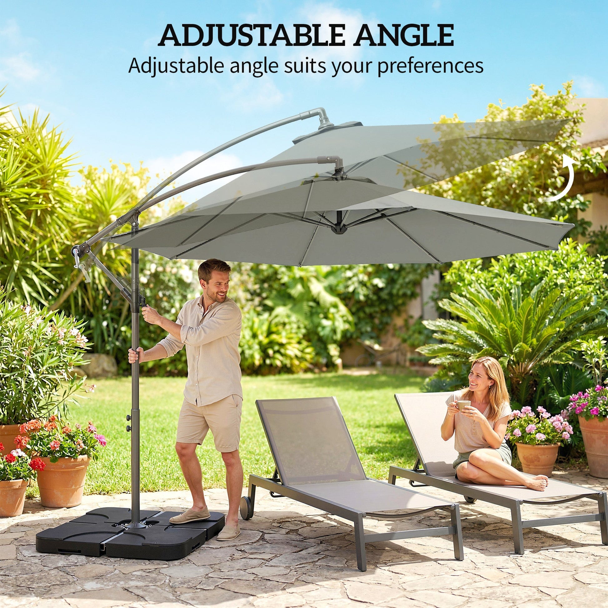 3 m Cantilever Parasol with Umbrella Weights, Cross Base, Offset Outdoor Umbrella with Protective Cover, Crank Handle, Hanging Sun Shade, Light Grey