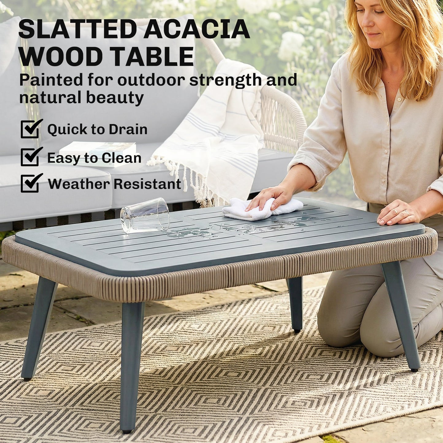 4 Piece Rattan Garden Furniture Set with Loveseat, 2 Armchairs, Acacia Wood Table, Steel Frame 4 Seater Wicker Patio Conversation Set with Thick Cushions for Outdoor, Grey