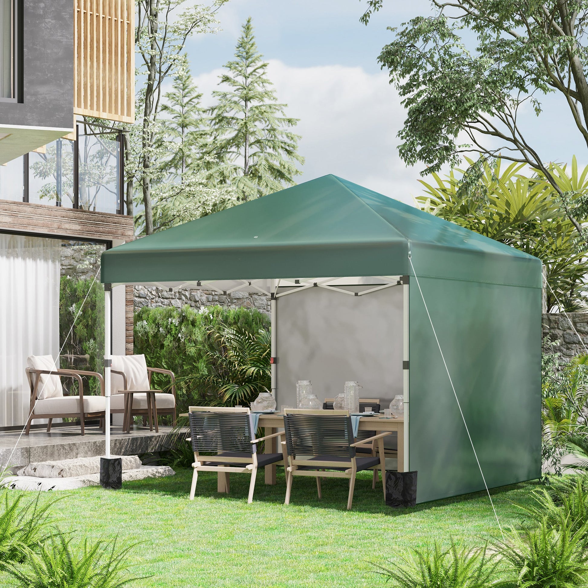 3 x 3 (M) Pop Up Gazebo, UPF 30+ with 2 Sidewalls, Leg Weight Bags and Wheeled Bag, Height Adjustable Party Tent Event Shelter for Garden, Patio, Green