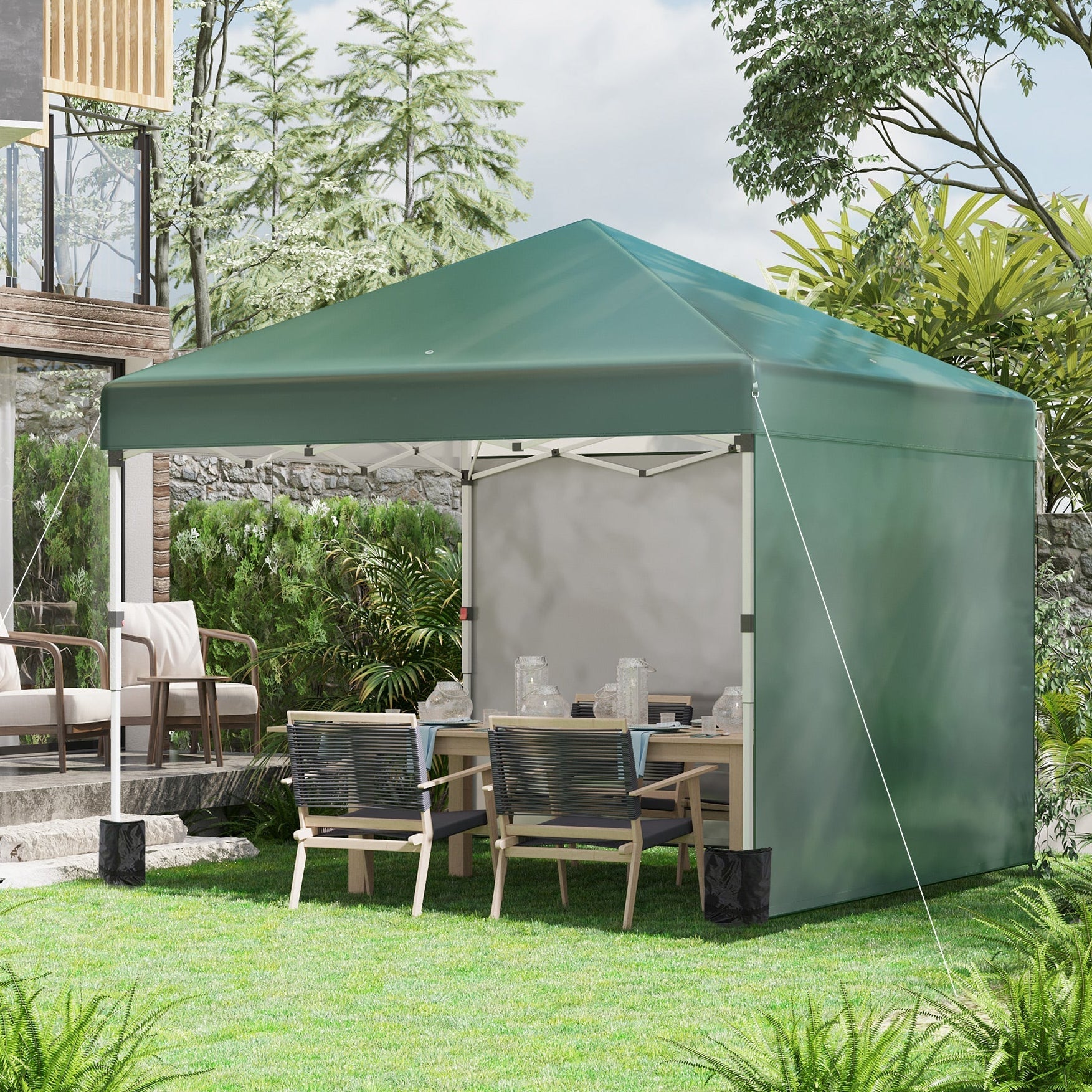 3 x 3 (M) Pop Up Gazebo, UPF 30+ with 2 Sidewalls, Leg Weight Bags and Wheeled Bag, Height Adjustable Party Tent Event Shelter for Garden, Patio, Green