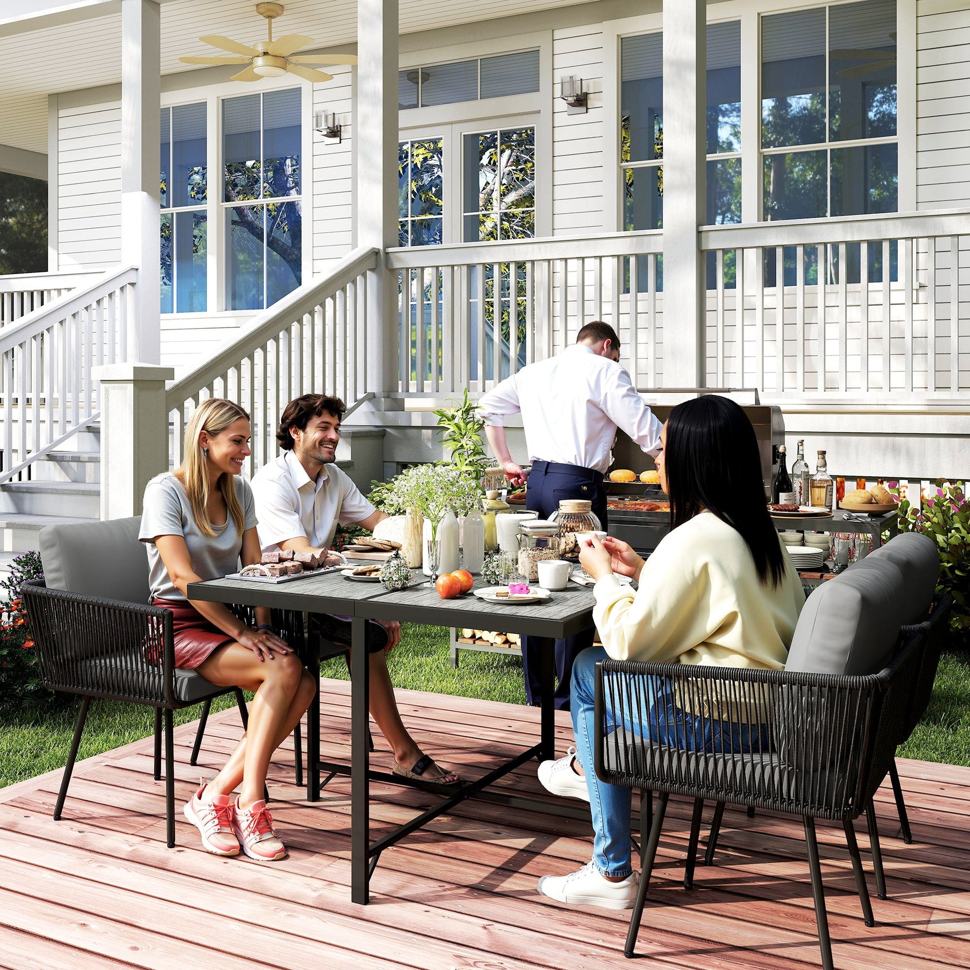 5 Piece Rattan Garden Furniture Set, Garden Dining Set with Wood-Plastic Table and 4 Stackable Chairs, Rattan Table and Chairs with 4 Cushions for Patio, Terrace, Light Grey