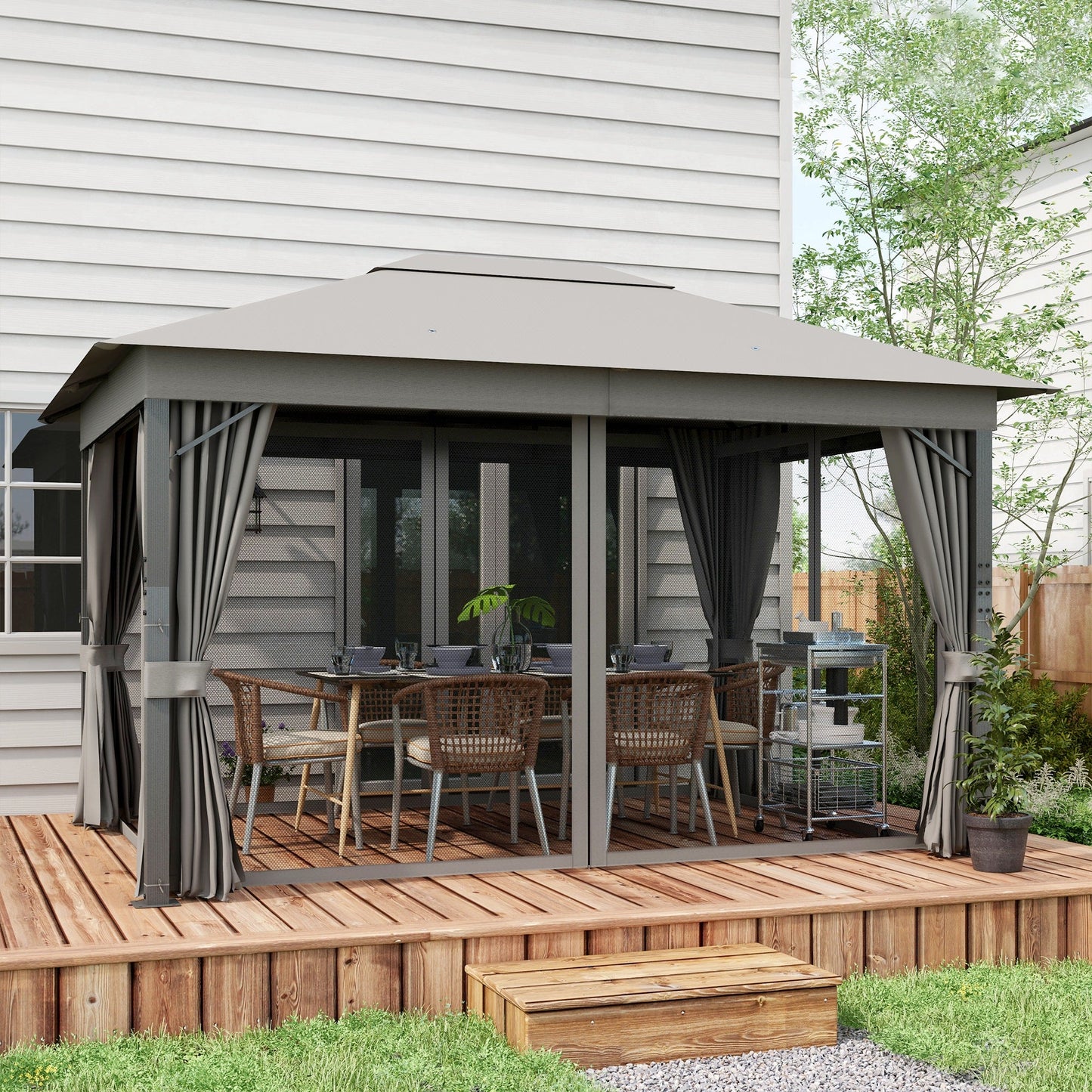 4 x 3(m) Patio Gazebo Canopy Garden Tent Shelter with Vented Roof, Mosquito Netting and Curtains, Aluminium Frame, Grey