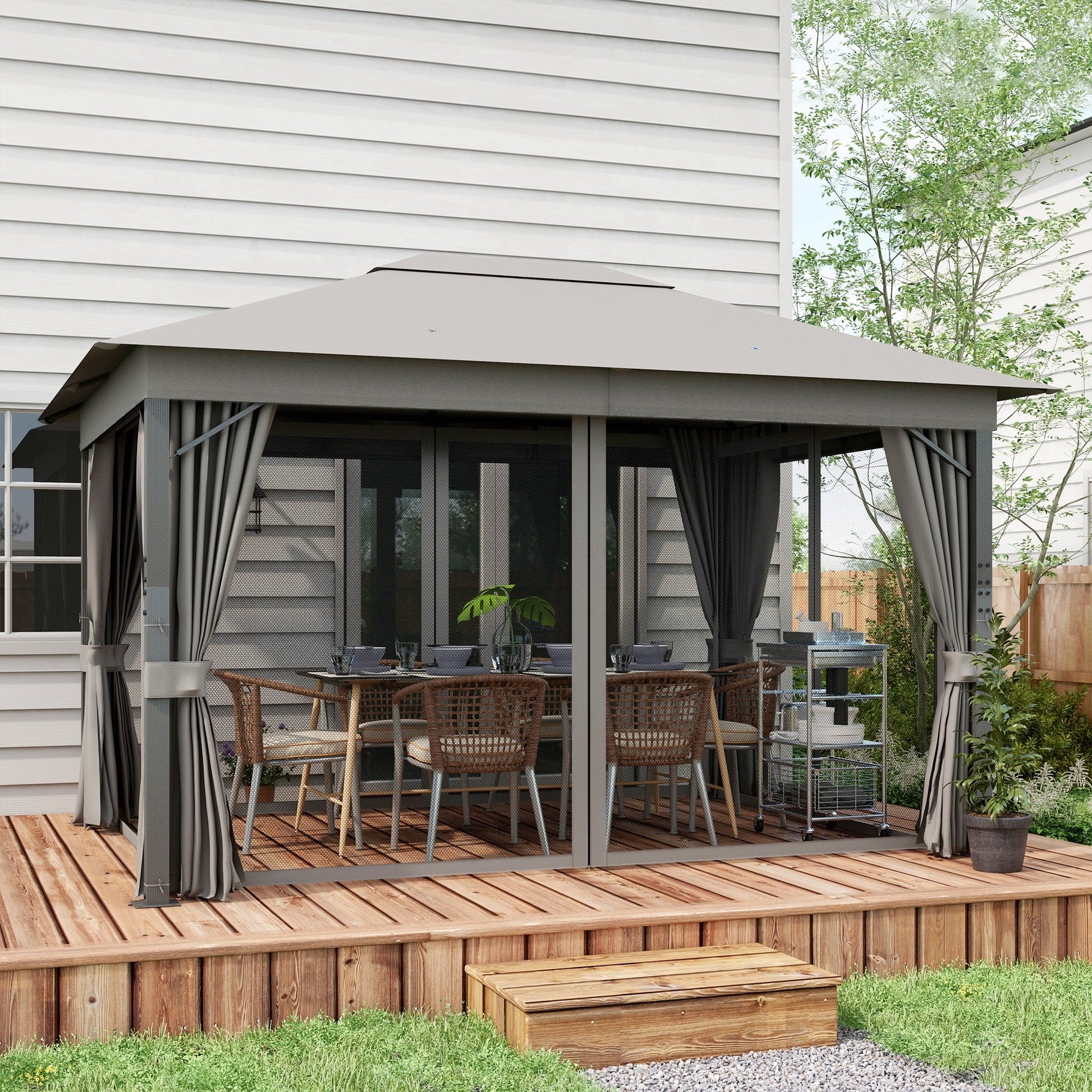 4 x 3(m) Patio Gazebo Canopy Garden Tent Shelter with Vented Roof, Mosquito Netting and Curtains, Aluminium Frame, Grey