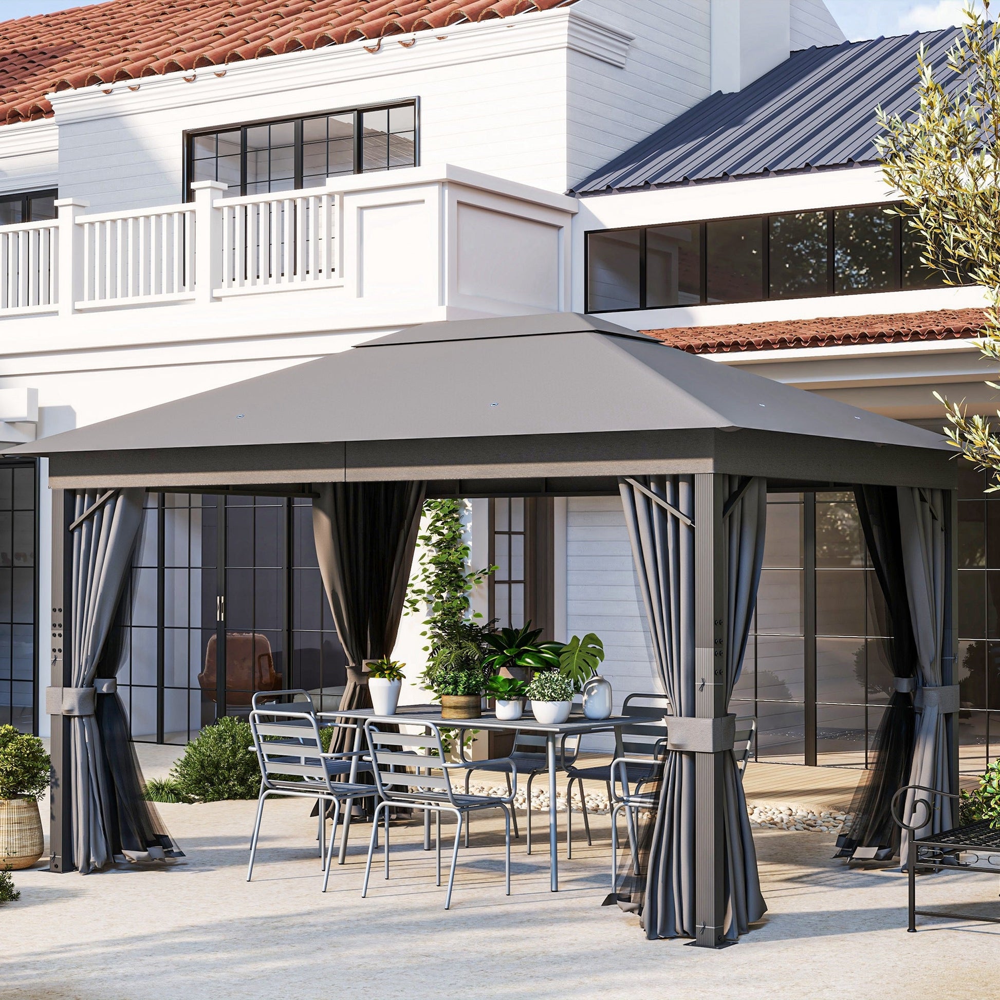 4 x 3(m) Patio Gazebo Canopy Garden Tent Shelter with Vented Roof, Mosquito Netting and Curtains, Aluminium Frame, Grey