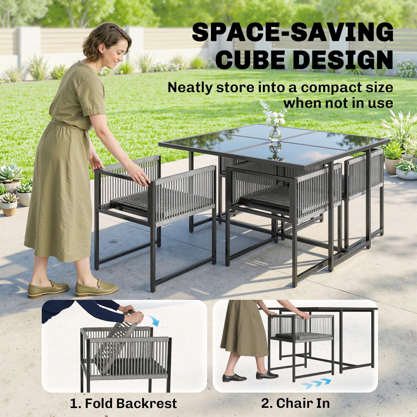 5 Pieces Garden Dining Set, Outdoor Patio Cube Set, 4 Seater Outdoor Table and Chairs with Foldable Backrest, Tempered Glass Top, Space-Saving, Light Grey