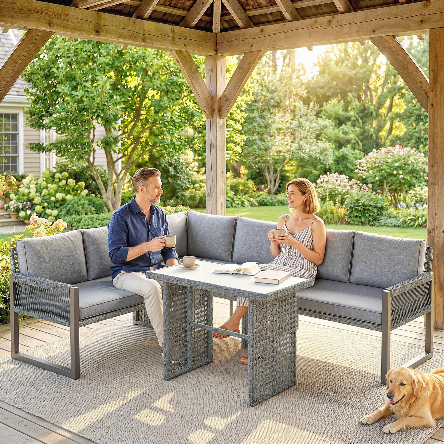 6 Seater Rattan Garden Furniture Set with 3 Loveseats, Glass-Top Table, 4 Piece Outdoor Dining Patio Rattan Furniture Corner Sofa Set with Cushions for Conservatory, Grey