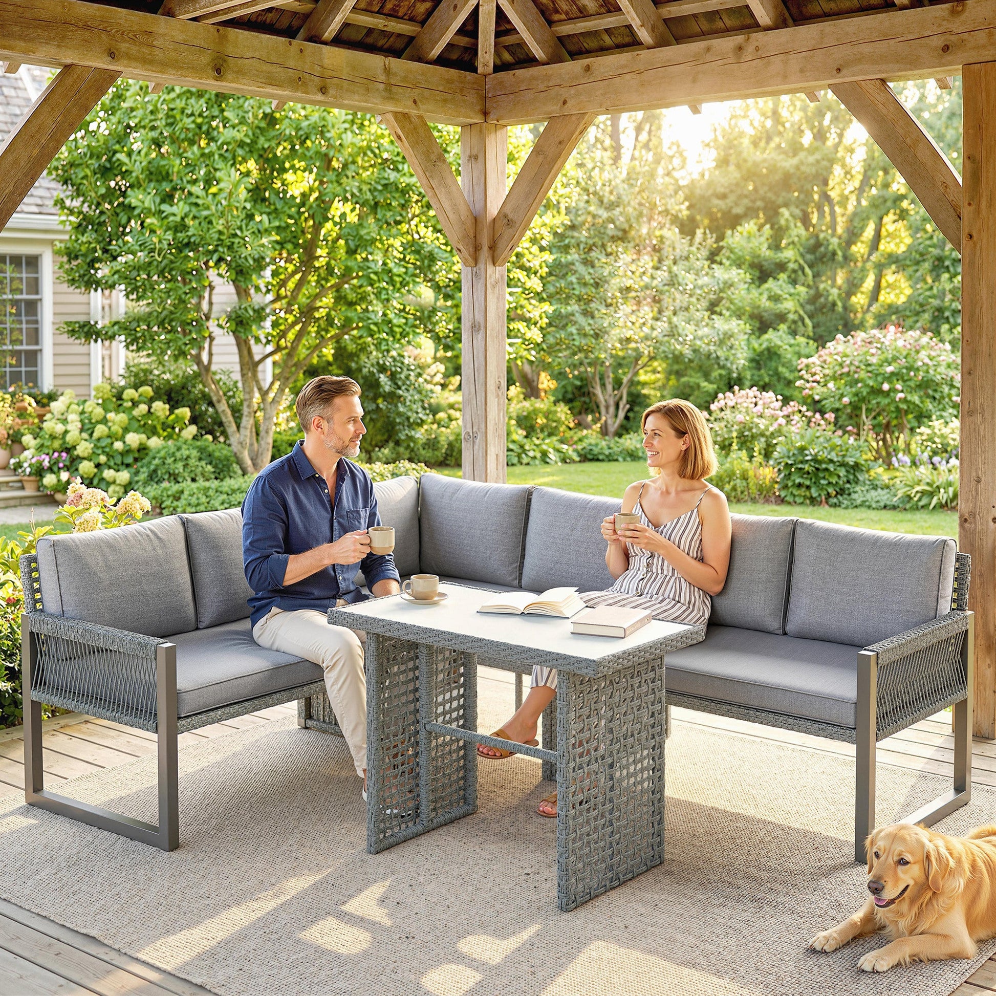 6 Seater Rattan Garden Furniture Set with 3 Loveseats, Glass-Top Table, 4 Piece Outdoor Dining Patio Rattan Furniture Corner Sofa Set with Cushions for Conservatory, Grey