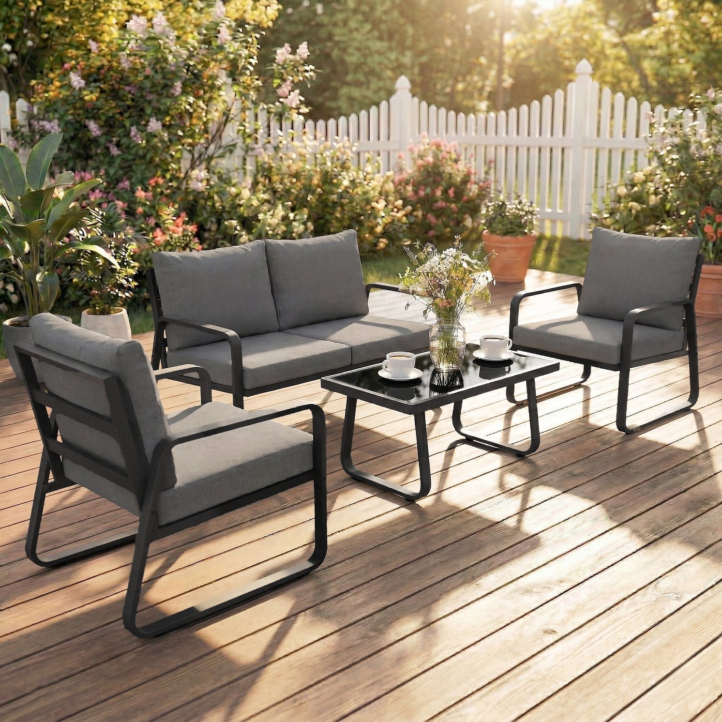 4 Piece Garden Furniture Set, Outdoor Sofa Set with Loveseat, 2 Armchairs, Coffee Table and Cushions, Patio Furniture Conversation Set for Poolside Porch, Black
