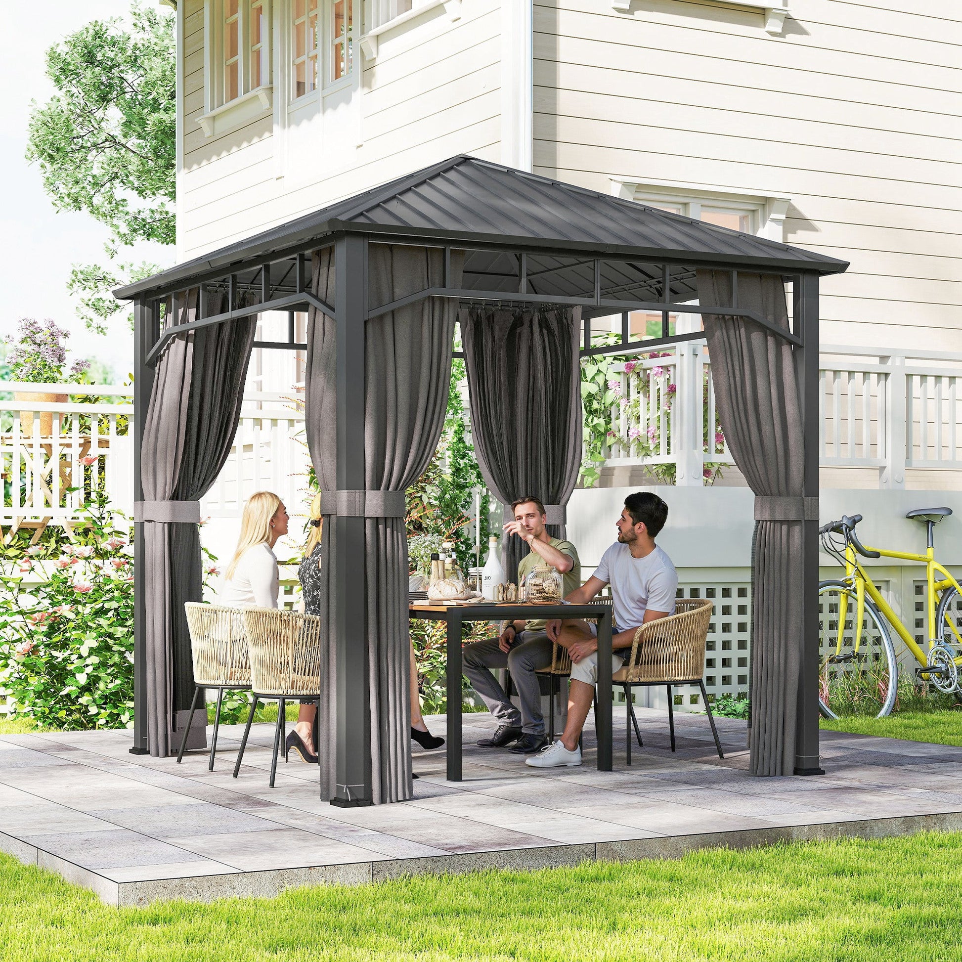 2.5 x 2.5 m Hardtop Gazebo with Galvanised Steel Roof, Waterproof Permanent Pavilion Garden Gazebo with Netting and Curtains for Patio, Deck, Dark Grey