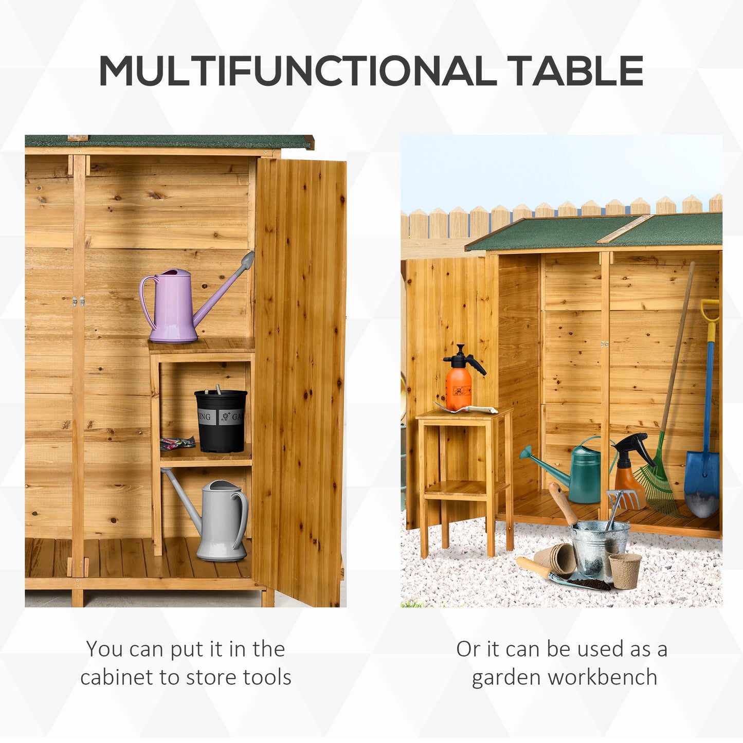 Small Shed, Wooden Garden Shed with Flexible Table, Hooks and Ground Nails, Lockable Tool Shed with Asphalt Roof, 140 x 75 x 157cm, Natural