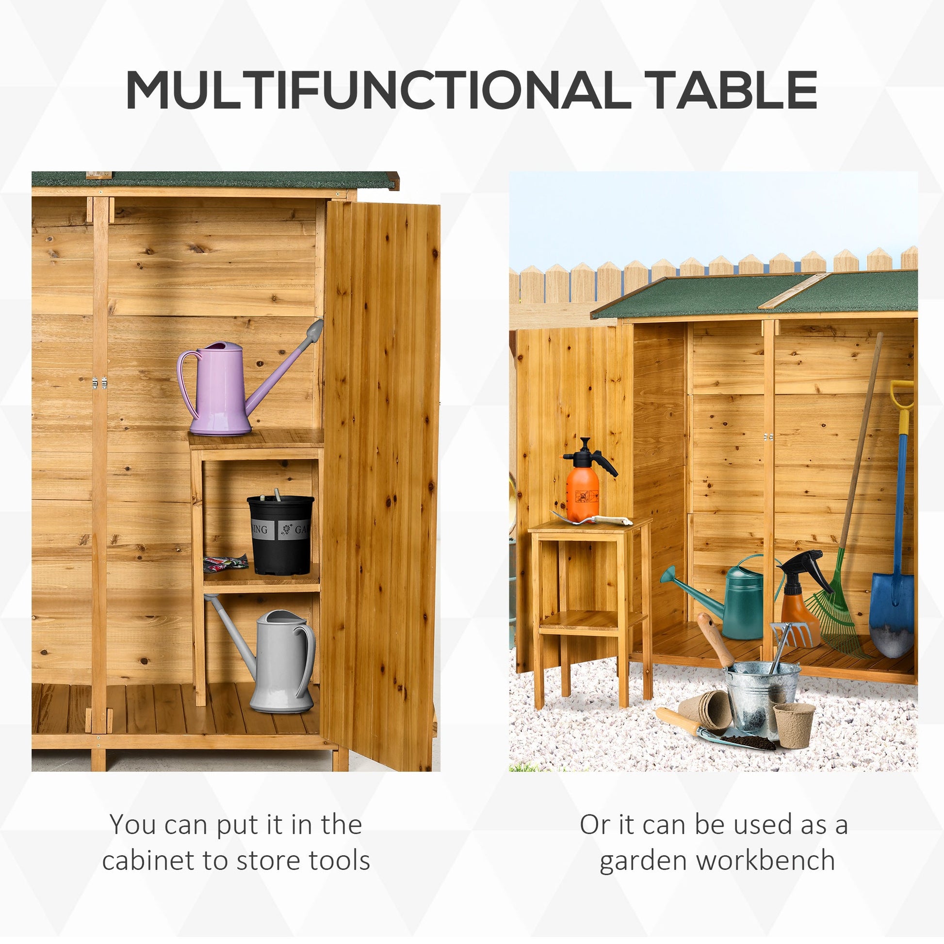 Small Shed, Wooden Garden Shed with Flexible Table, Hooks and Ground Nails, Lockable Tool Shed with Asphalt Roof, 140 x 75 x 157cm, Natural