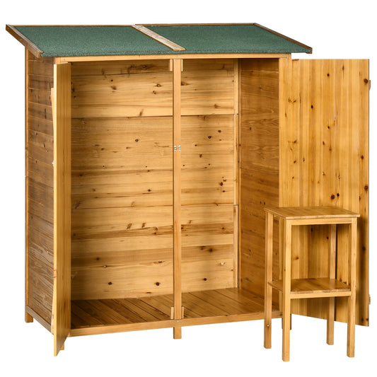 Small Shed, Wooden Garden Shed with Flexible Table, Hooks and Ground Nails, Lockable Tool Shed with Asphalt Roof, 140 x 75 x 157cm, Natural