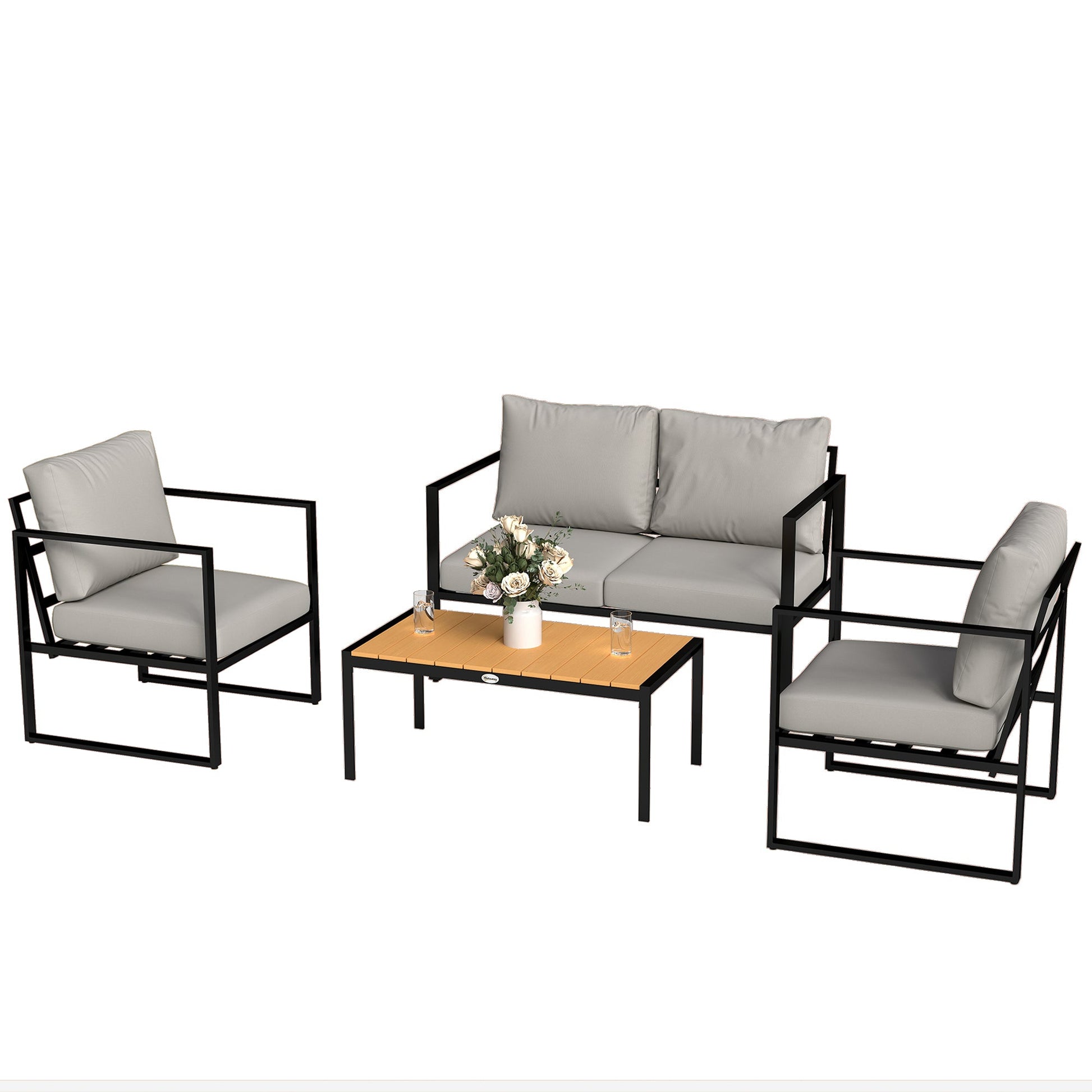 Outdoor Garden Furniture Set, 4 Piece Patio Furniture with Slatted Table, Loveseat and Armchairs, Indoor Outdoor Balcony Patio Conservatory Set with Metal Frame and Cushions, Grey