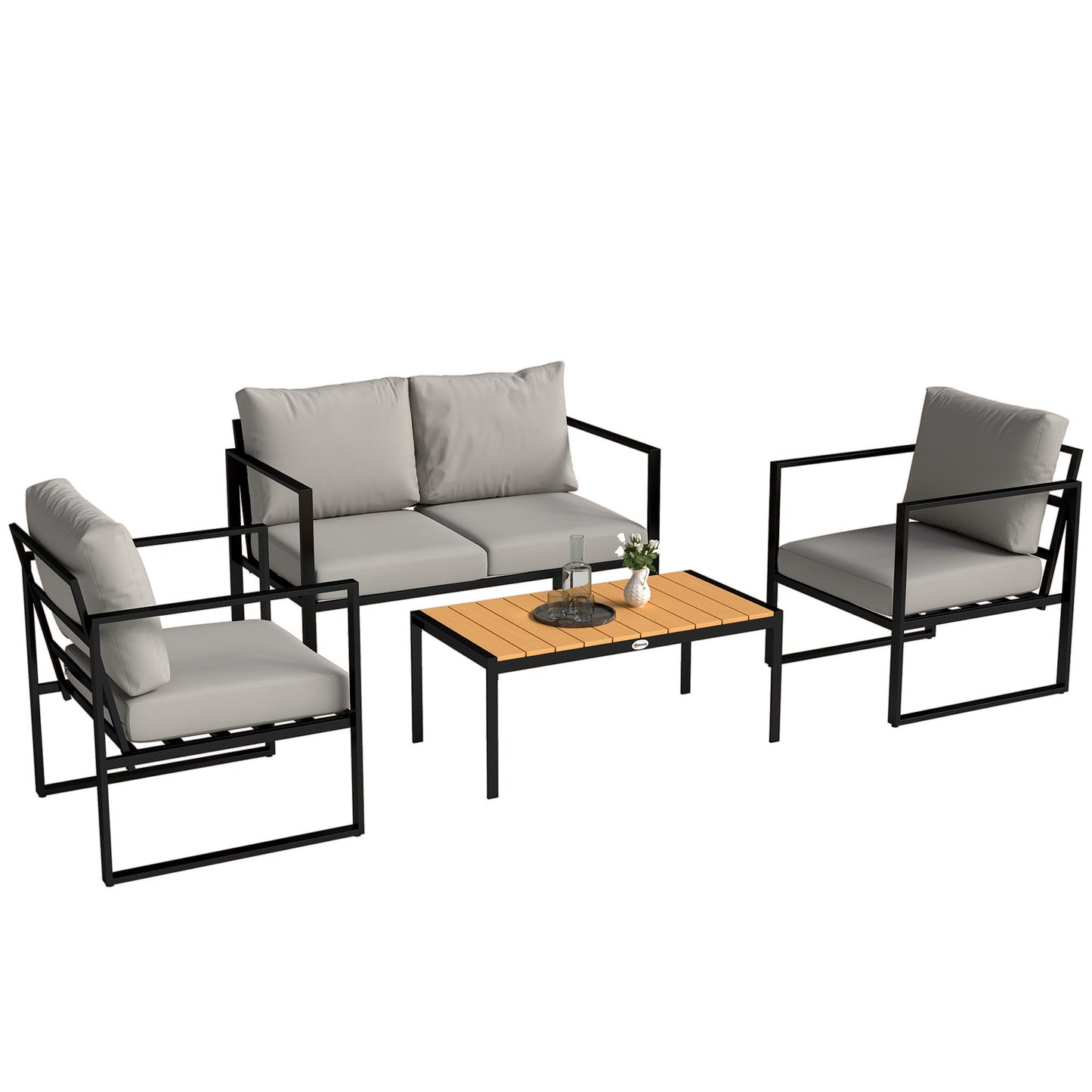 Outdoor Garden Furniture Set, 4 Piece Patio Furniture with Slatted Table, Loveseat and Armchairs, Indoor Outdoor Balcony Patio Conservatory Set with Metal Frame and Cushions, Grey