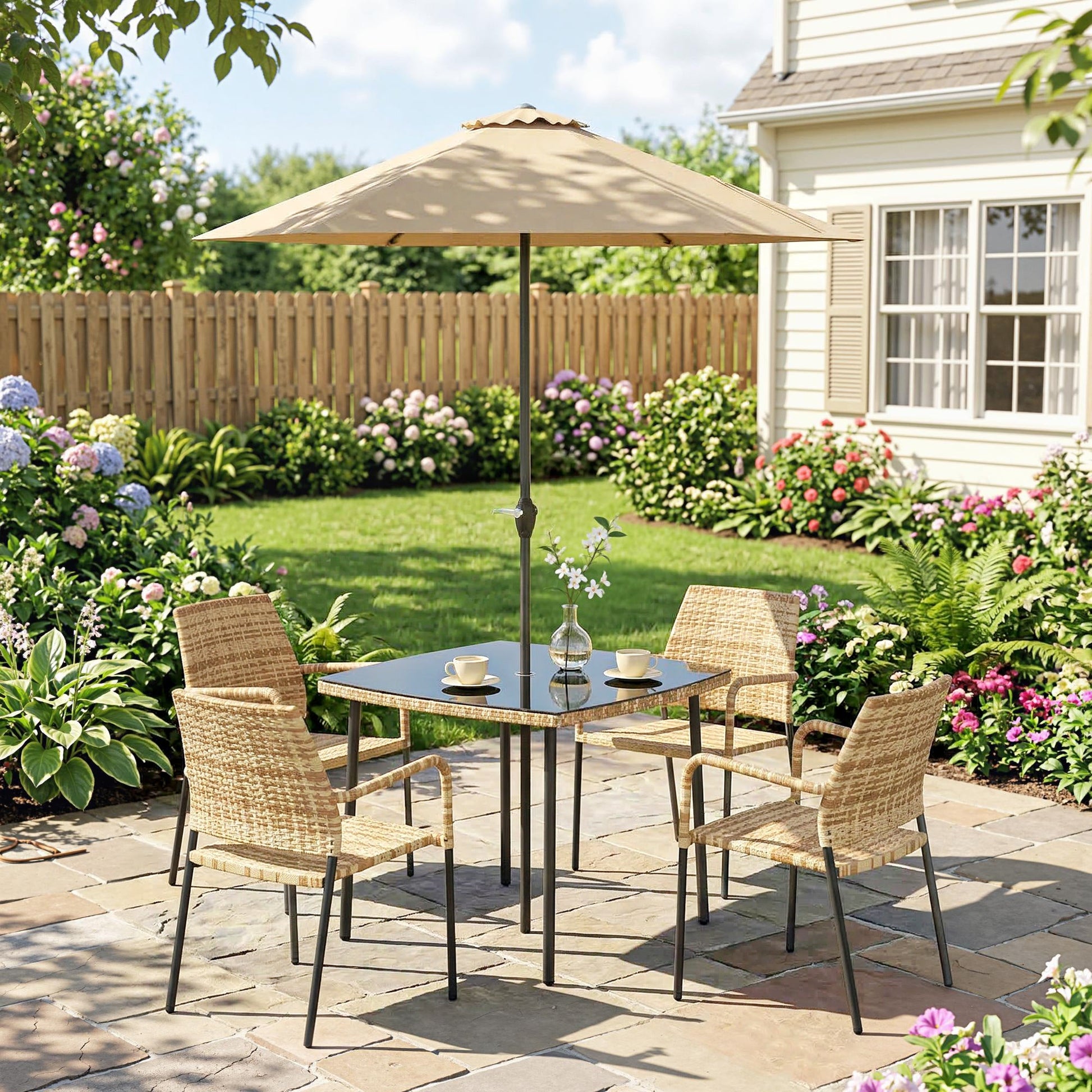 4 Seater Rattan Dining Set with Parasol, 6 Piece Garden Table and Stackable Chairs with Tempered Glass Tabletop, All-Weather Outdoor Rattan Furniture Set for Patio, Light Brown