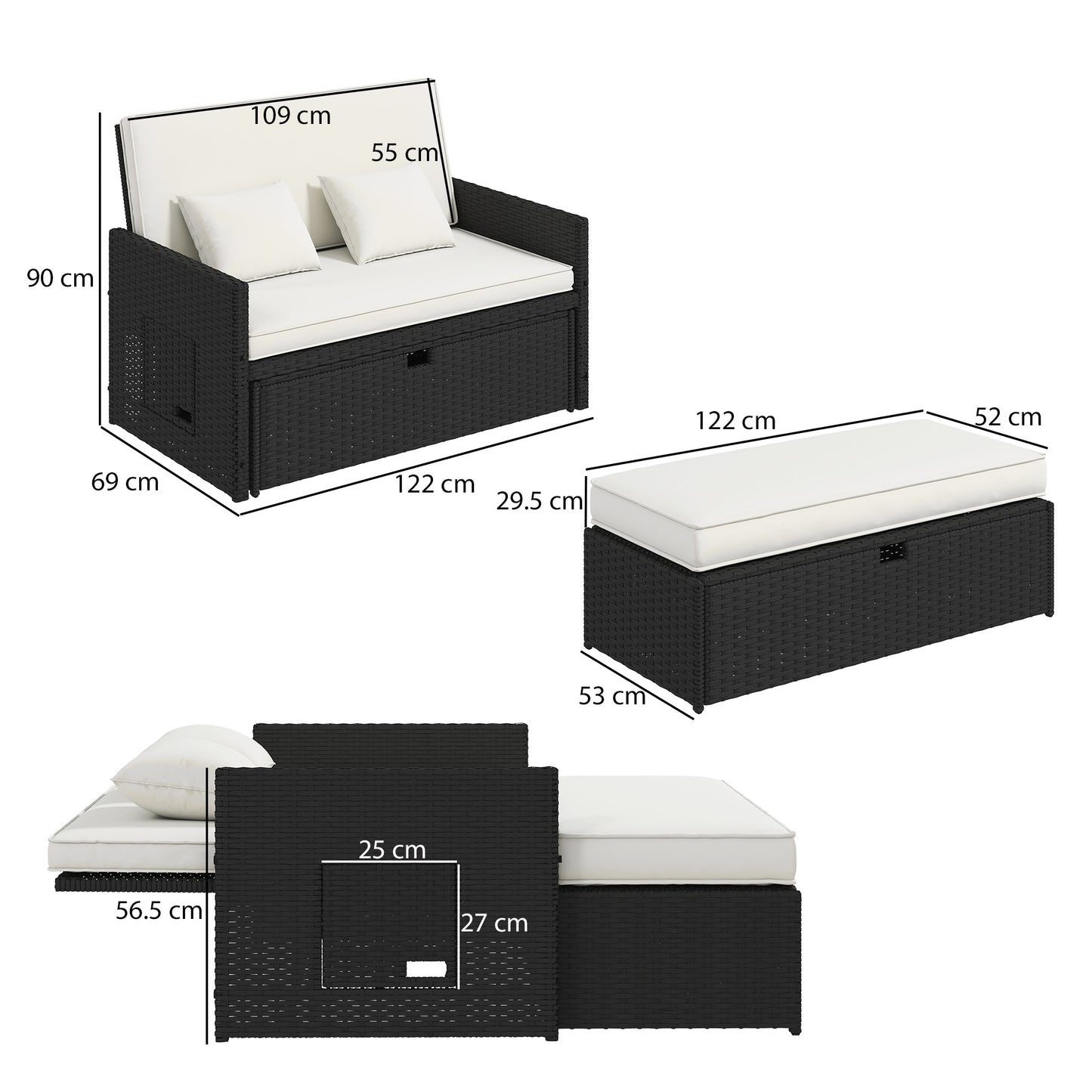 Rattan Garden Daybed, Assembled Double Sun Lounger with 5-Level Adjustable Back, Storage Ottoman, Cushions, Pillows and Retractable Trays, Outdoor Loveseat Sofa Bed for Patio, Cream White