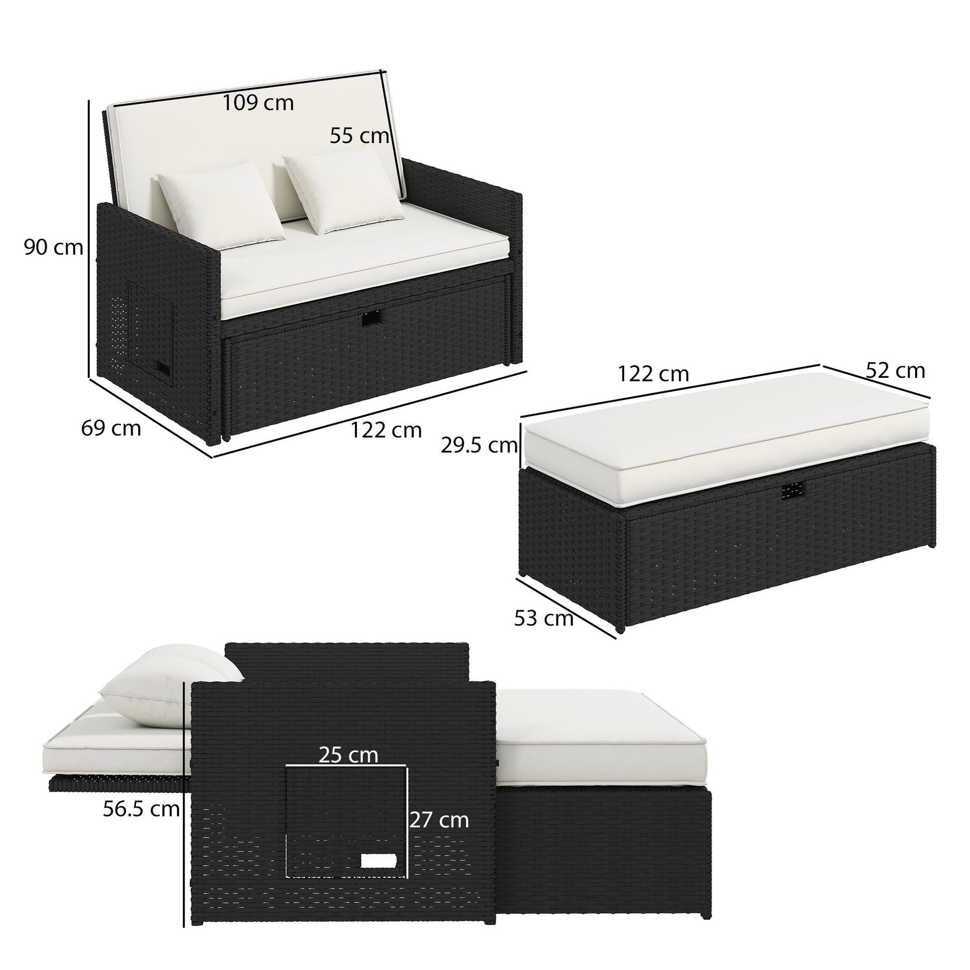 Rattan Garden Daybed, Assembled Double Sun Lounger with 5-Level Adjustable Back, Storage Ottoman, Cushions, Pillows and Retractable Trays, Outdoor Loveseat Sofa Bed for Patio, Cream White