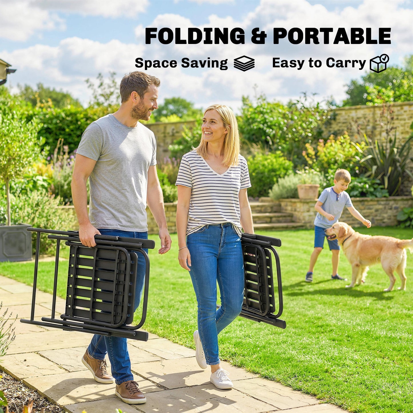 Folding Garden Chairs Set of 4, Garden Dining Chairs with Plastic Slatted Seat and Back, Portable Folding Chair Set with Armrests and Steel Frame for Outdoor, Patio, Balcony, Terrace, Black