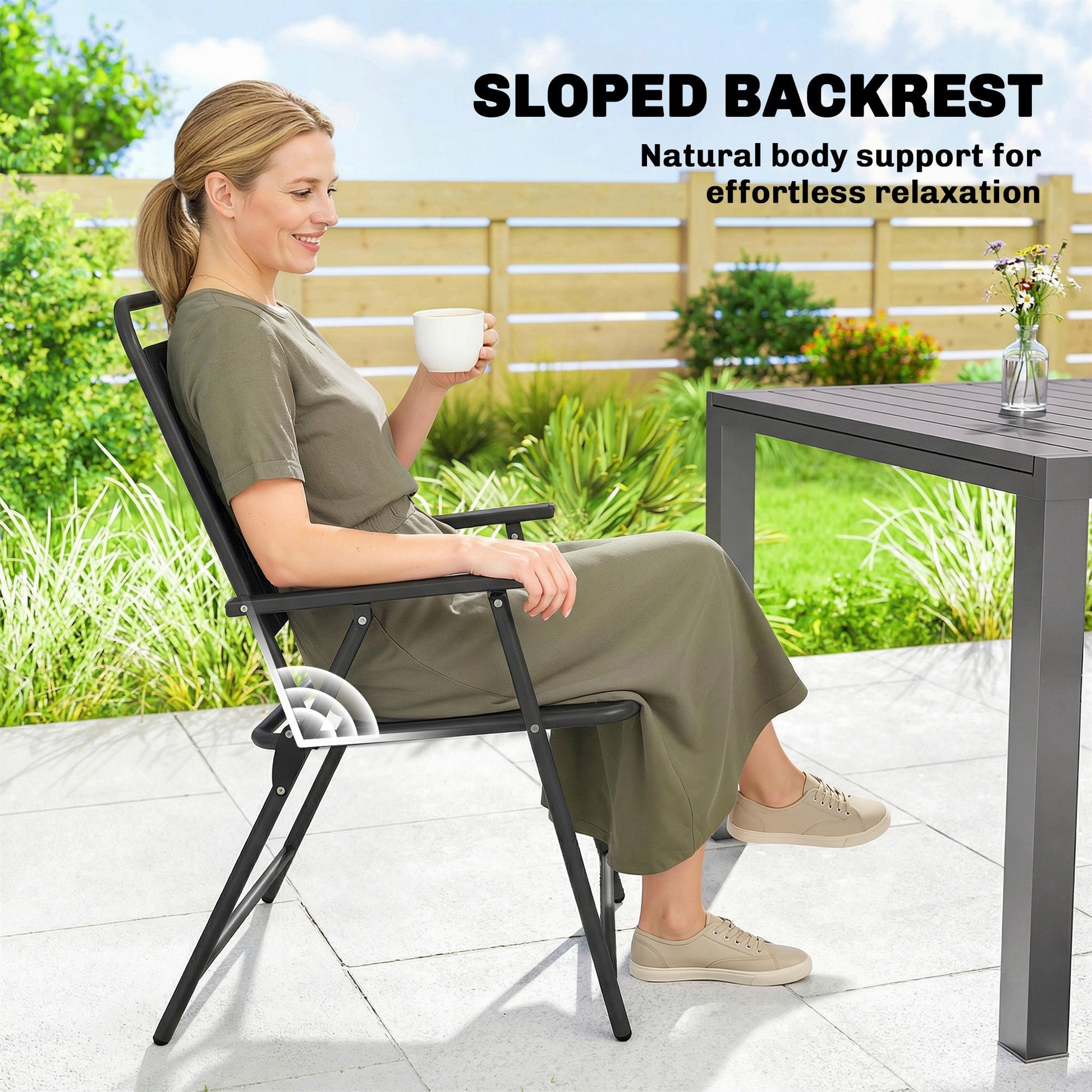Folding Garden Chairs Set of 4, Garden Dining Chairs with Plastic Slatted Seat and Back, Portable Folding Chair Set with Armrests and Steel Frame for Outdoor, Patio, Balcony, Terrace, Black