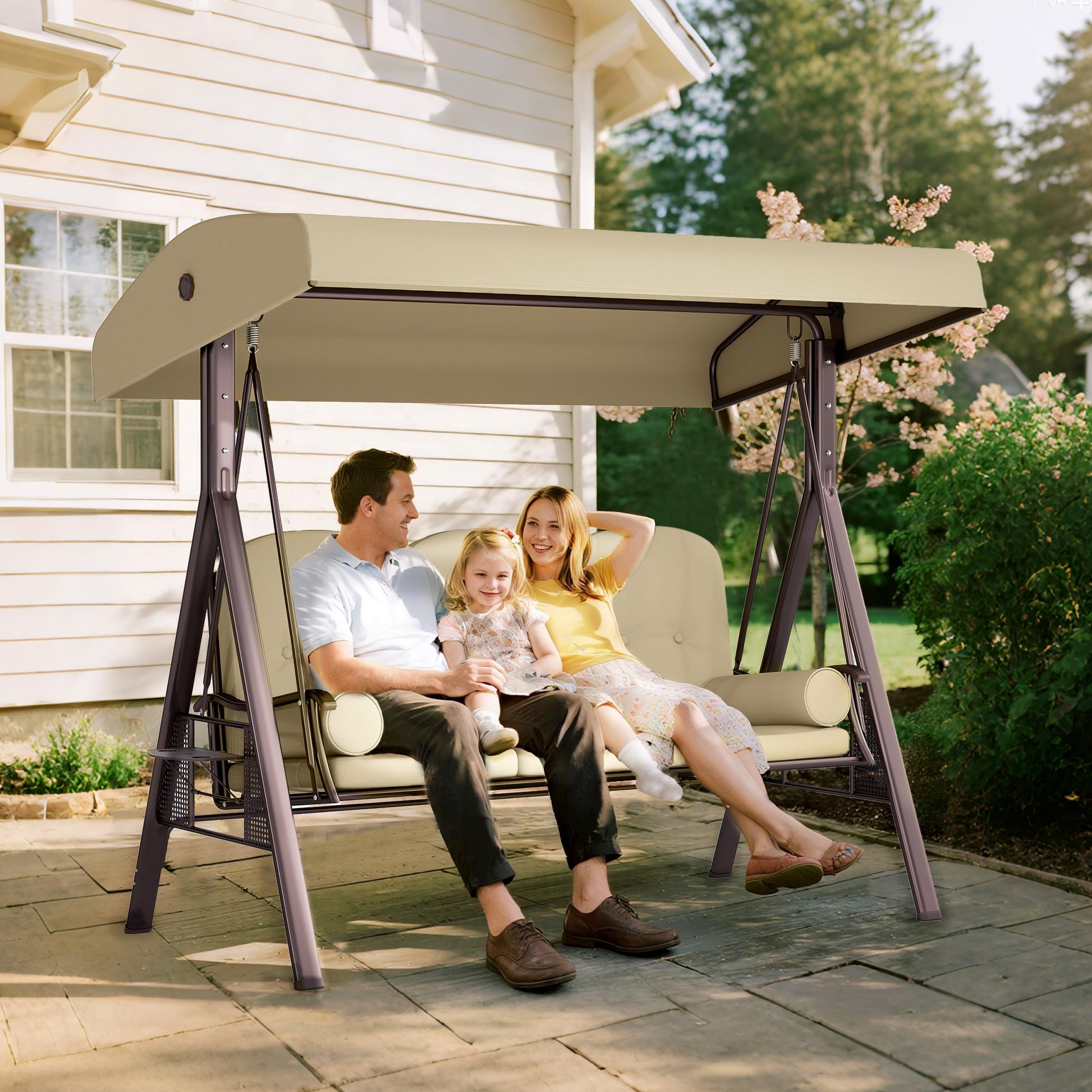 3 Seater Canopy Swing Chair, Outdoor Garden Swing Seat with Adjustable Canopy, Cushions and Cup Trays, Steel Frame, Brown