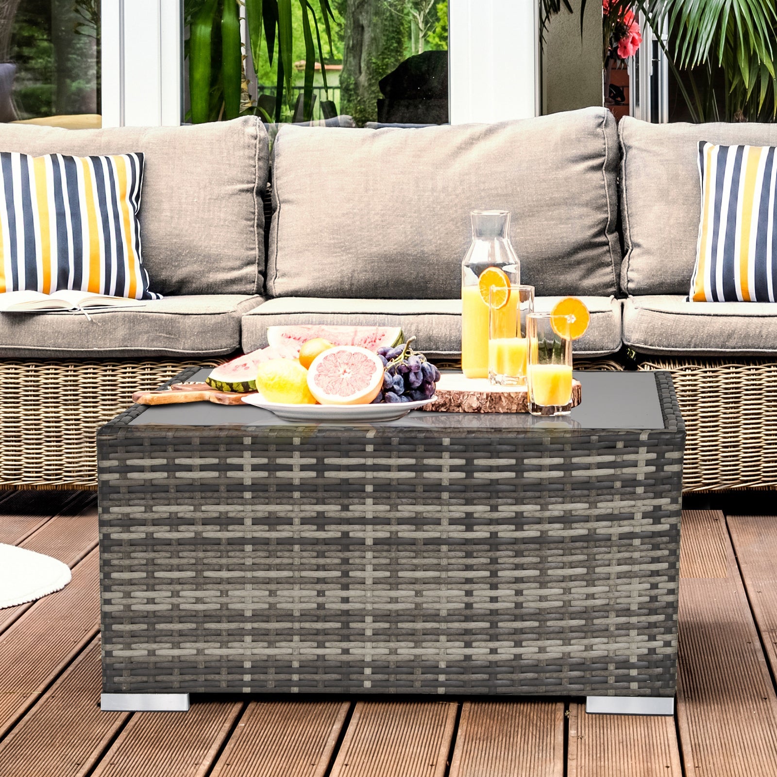 Patio Rattan Coffee Table Ready to Use Outdoor Furniture Suitable for Garden Backyard, Deep Grey