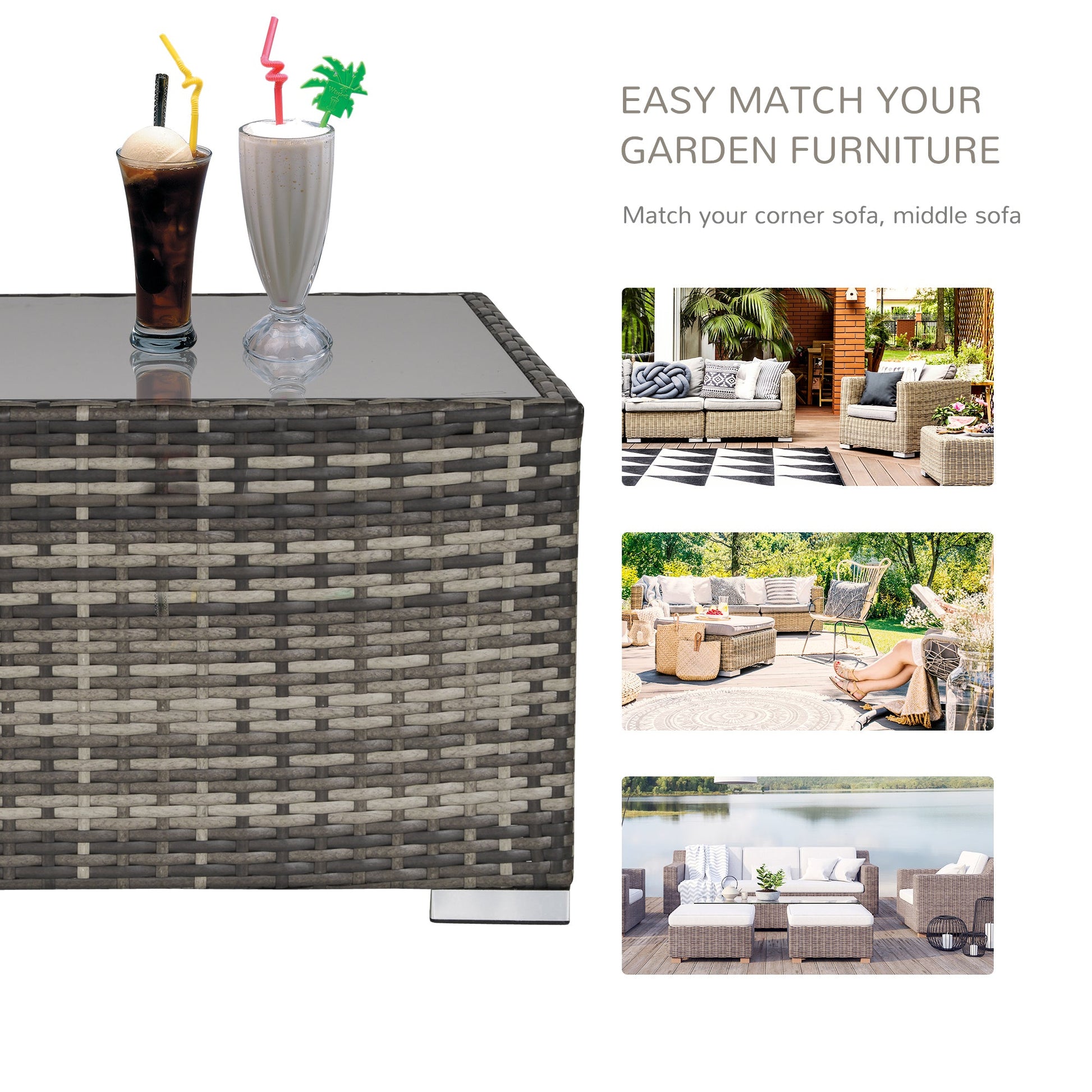 Patio Rattan Coffee Table Ready to Use Outdoor Furniture Suitable for Garden Backyard, Deep Grey