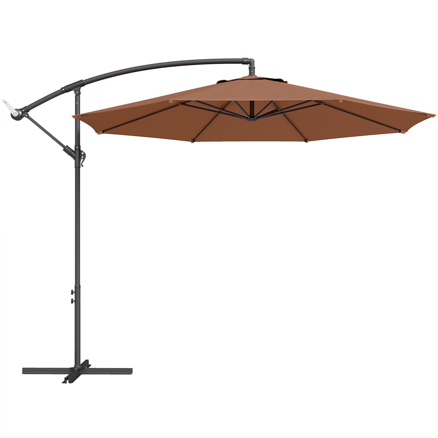 3(m) Garden Banana Parasol Hanging Cantilever Umbrella with Crank Handle, 8 Ribs and Cross Base for Outdoor, Sun Shade, Coffee