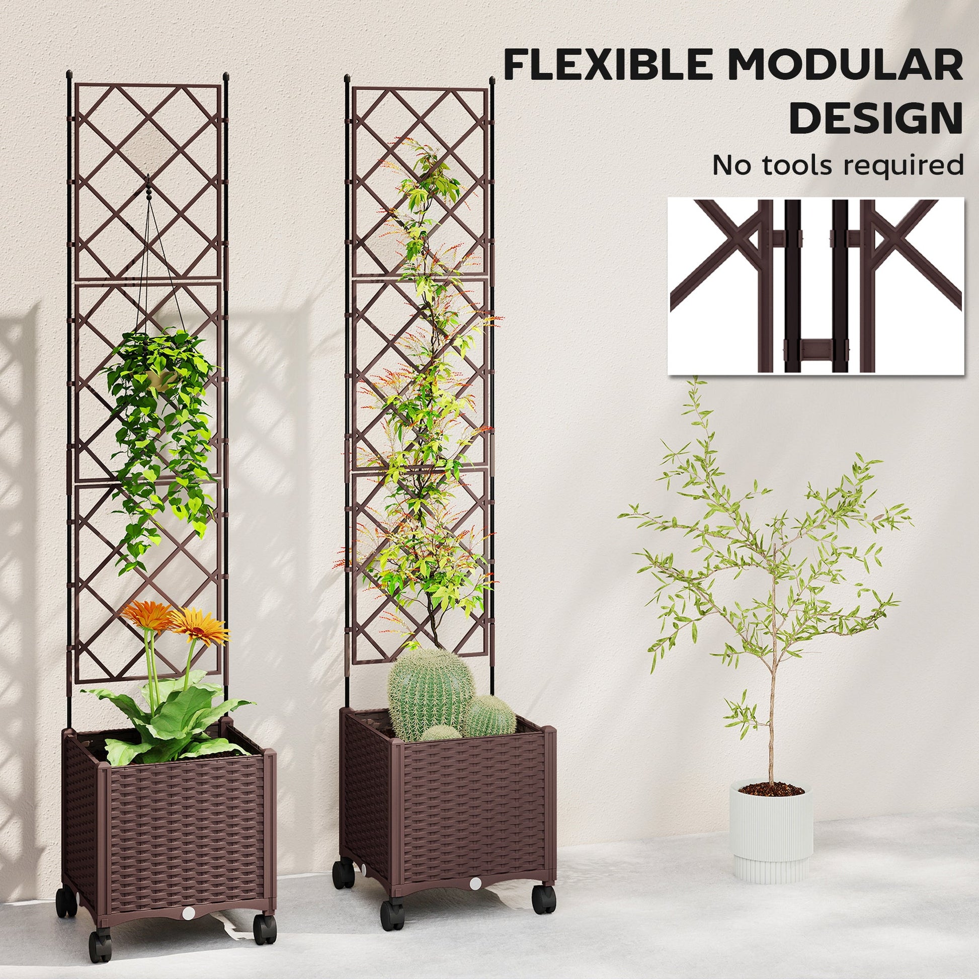 Plastic Raised Planter with Trellis, Self Watering Raised Bed for Garden with Wheels, Drainage Holes and Plugs for Climbing Plants, Outdoor Elevated Planter Box for Vegetables Flowers Herbs