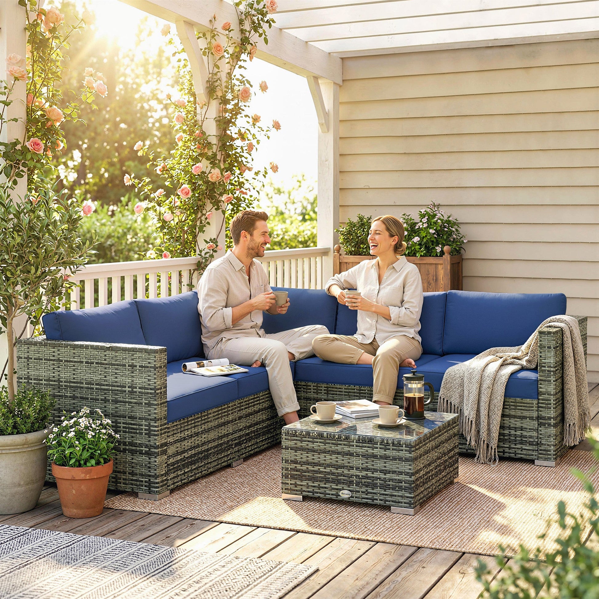 4 Pieces Rattan Garden Furniture Set, Wicker Outdoor Furniture Set with Corner Sofa Loveseat Coffee Table Cushions, Conservatory Furniture Set for Patio Balcony, Blue