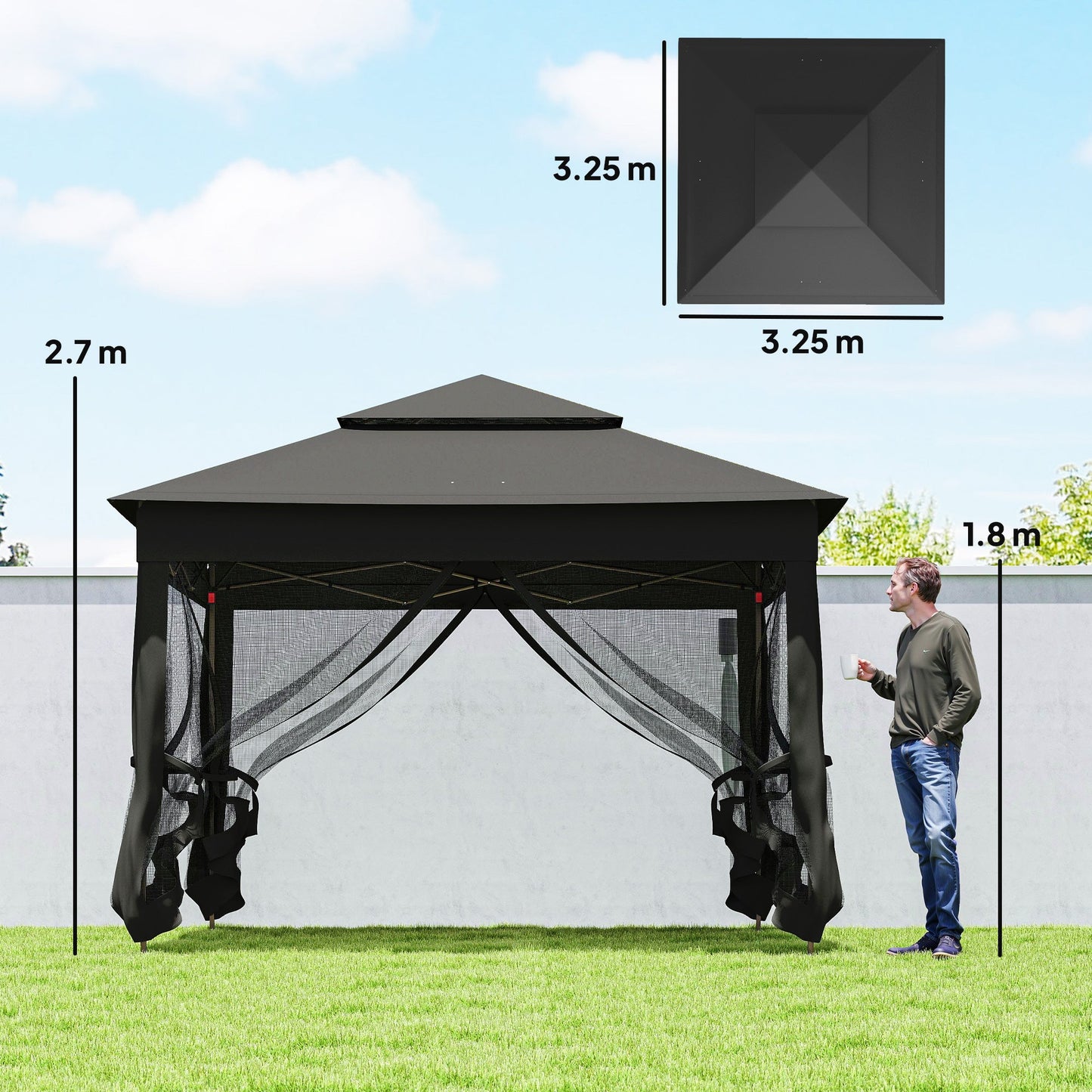3 x 3(m) Pop Up Gazebo, Double-roof Garden Tent with Netting and Carry Bag, Party Event Shelter for Outdoor Patio, Black