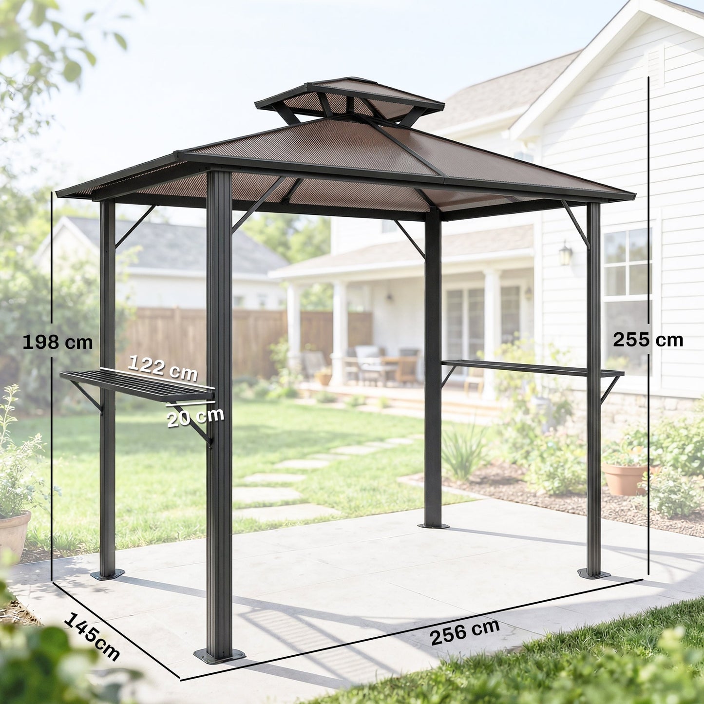 2.5 x 1.5 m Hardtop BBQ Grill Gazebo with Double Polycarbonate Roof, Aluminium Outdoor BBQ Gazebo Shelter Grill Canopy with 2 Side Shelves for Garden Patio, Brown