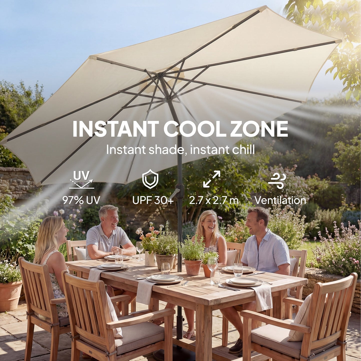 2.7 m Garden Parasol Umbrella with Cross Base and Sandbag, Retractable Ribs, Outdoor Table Market Patio Umbrella Sun Shade with 30 Degree Tilt and Crank, Vent, Cream White