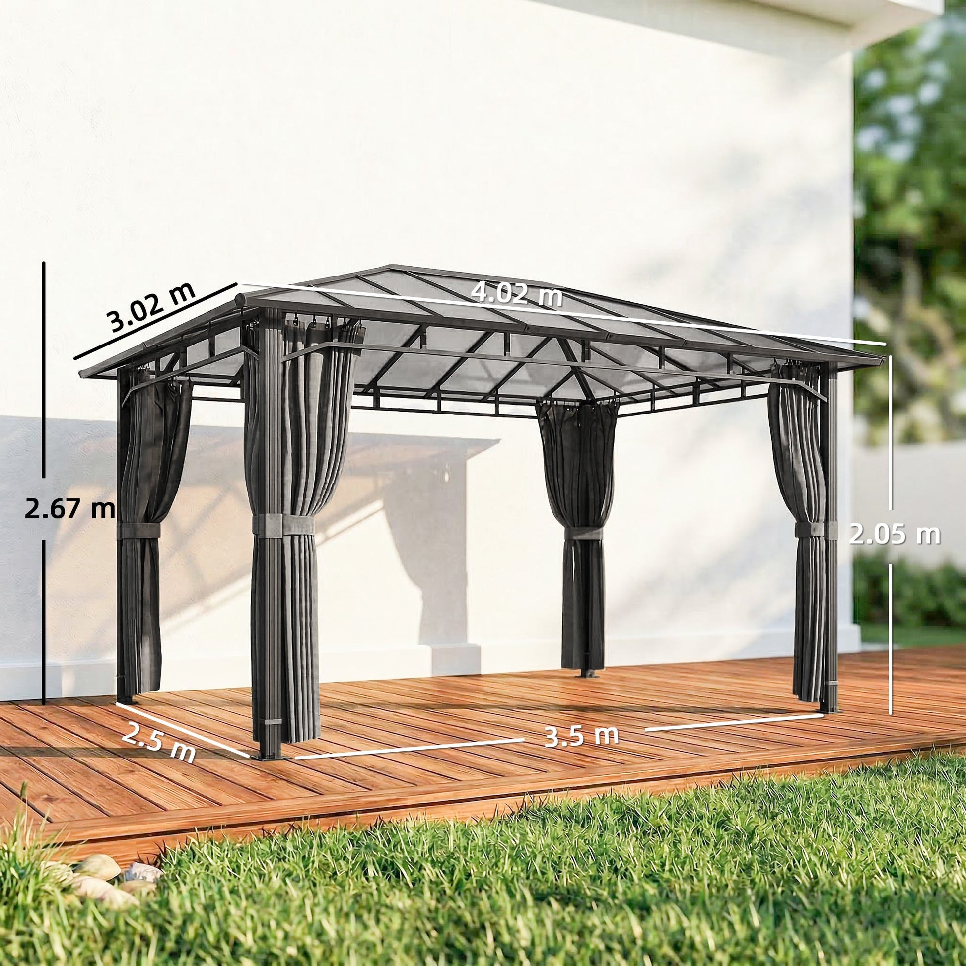 3 x 4 m Outdoor Hardtop Gazebo Canopy with Polycarbonate Roof, Waterproof Aluminium Permanent Pavilion Garden Gazebo Patio Shelter with Curtains, Dark Grey