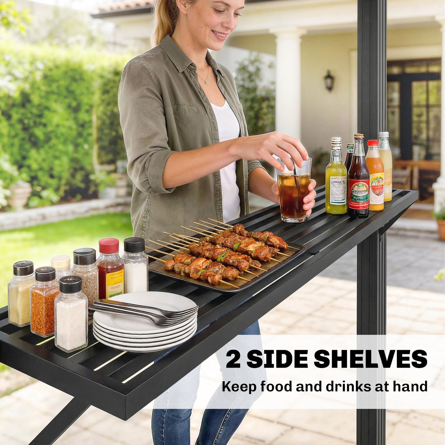 2.5 x 1.5 m Hardtop BBQ Grill Gazebo with Double Polycarbonate Roof, Aluminium Outdoor BBQ Gazebo Shelter Grill Canopy with 2 Side Shelves for Garden Patio, Brown
