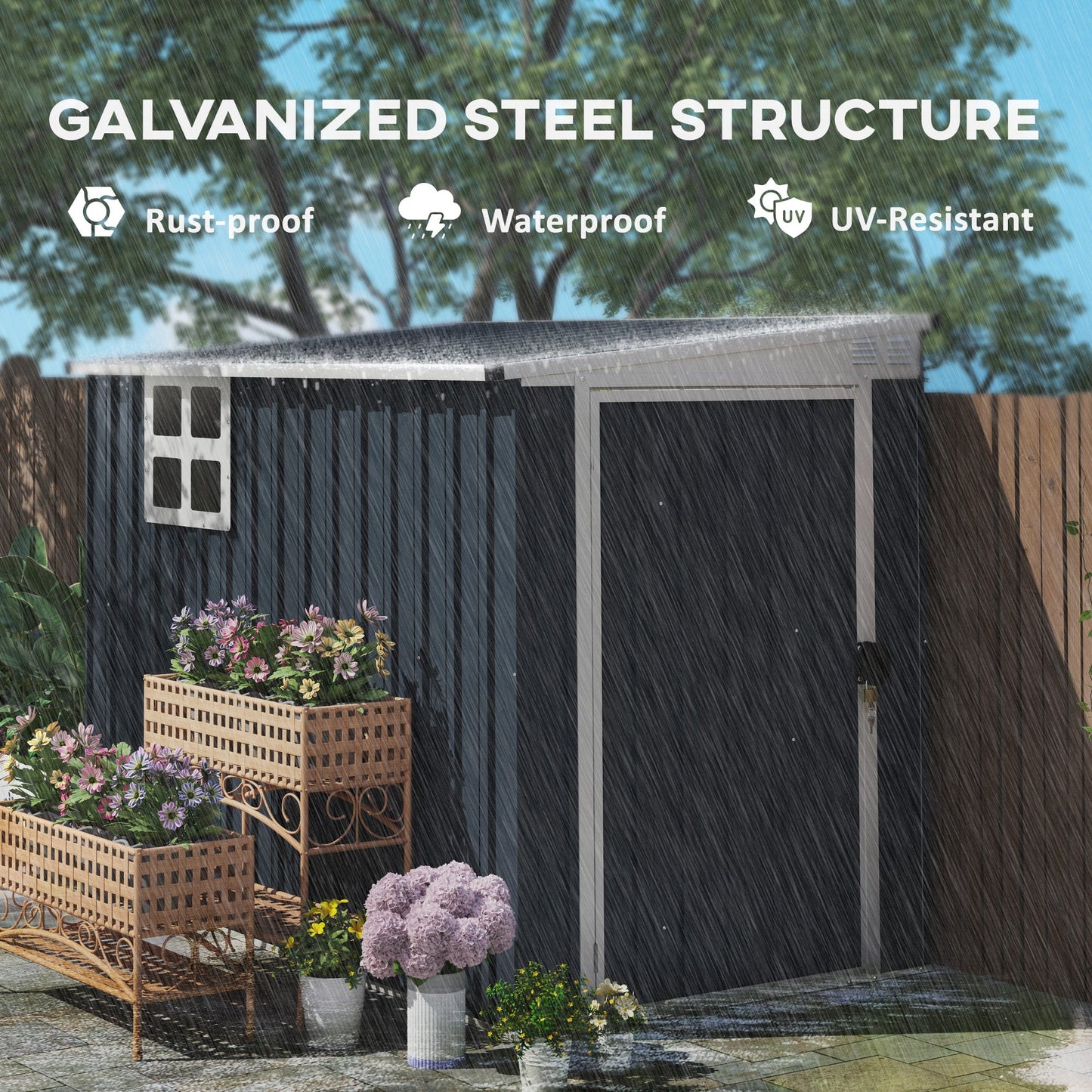 7.6 x 4ft Outdoor Garden Storage Shed, Metal Shed with Window, 2 Vents and Lockable Door for Garden, Patio, Dark Grey
