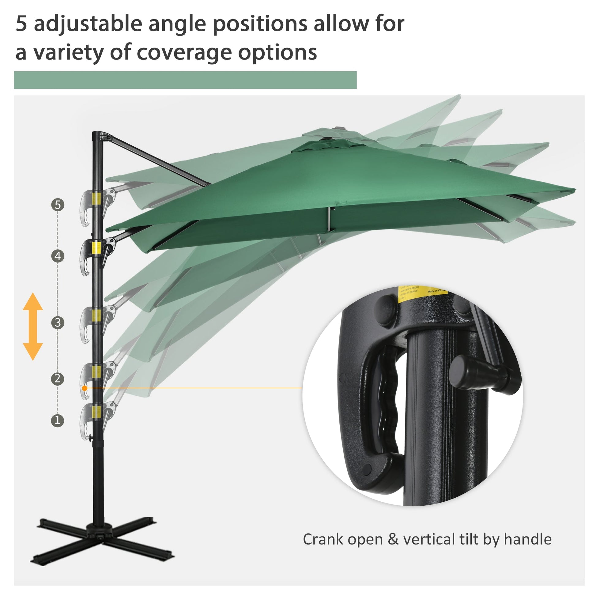 2.5 x 2.5m Patio Offset Parasol Umbrella Cantilever Hanging Aluminium Sun Shade Canopy Shelter 360° Rotation with Crank Handle and Cross Base, Green