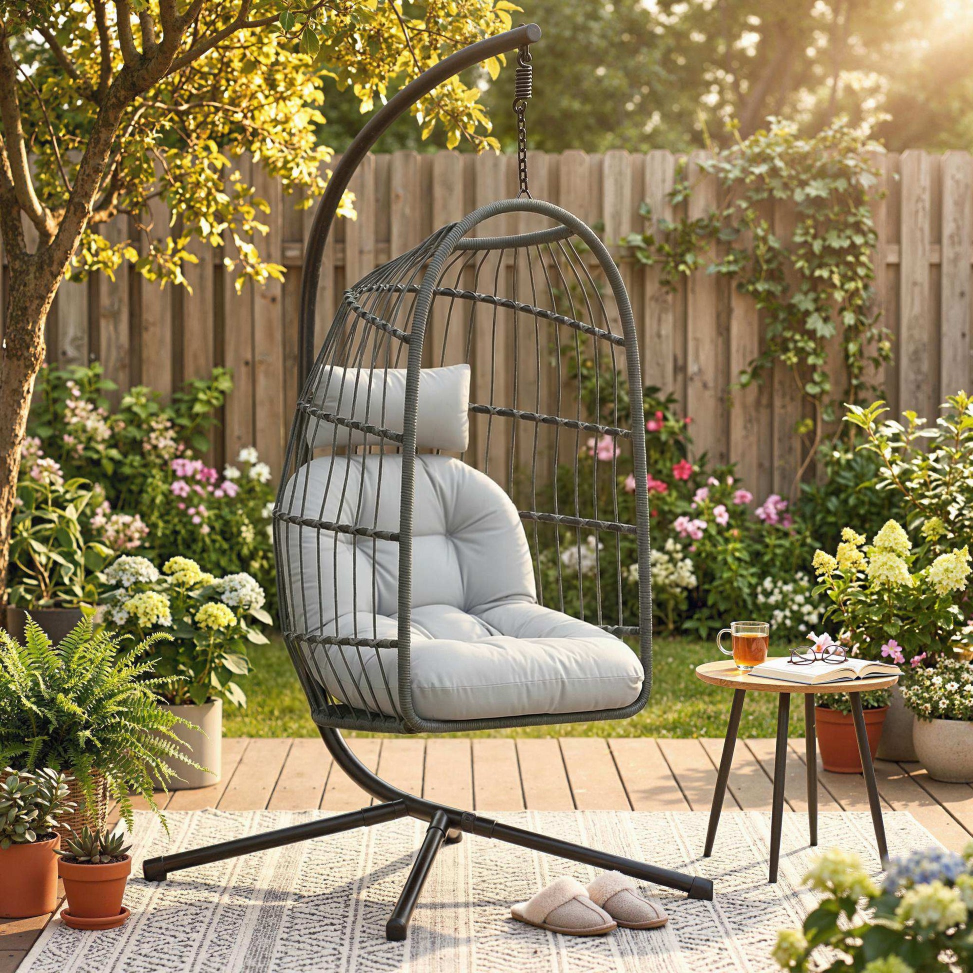 Hanging Egg Chair, Indoor Outdoor Hammock Swing Chair with Stand, Safety Strap, Foldable Basket, Thick Cushions, Headrest, Adjustable Height, Metal Frame for Garden Balcony, Dark/Light Grey