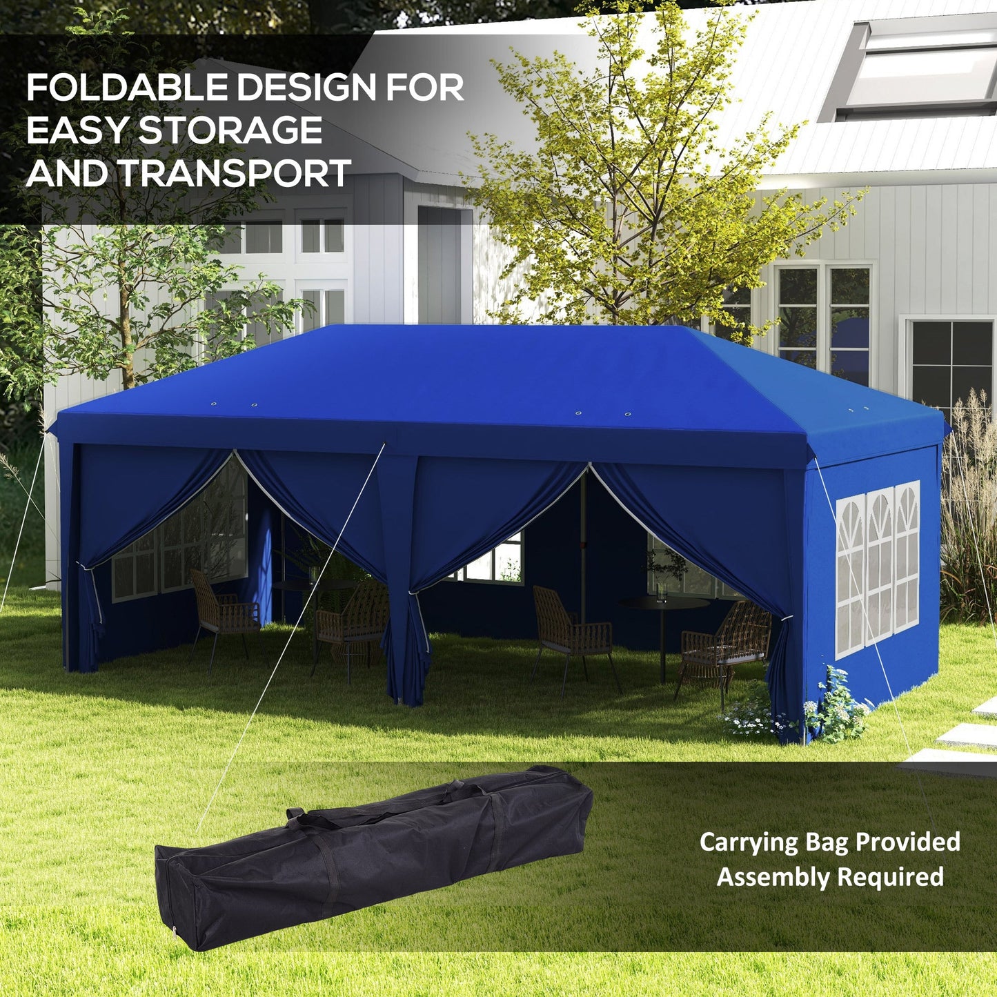 3 x 6 m Garden Pop Up Gazebo, Wedding Party Tent Marquee, Water Resistant Awning Canopy with Sidewalls, Windows, Carry Bag, Blue