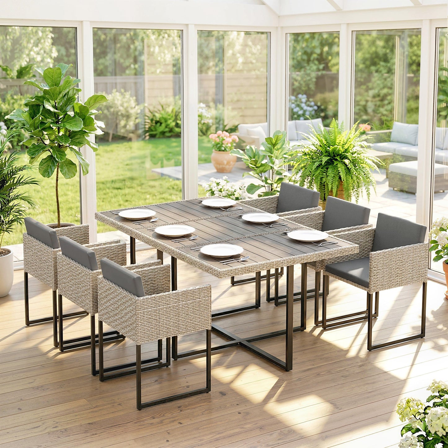 7 Piece Rattan Garden Furniture Set, Garden Dining Set with Wood-Plastic Table and 6 Stackable Chairs, Rattan Table and Chairs with 12 Cushions for Patio Terrace, Light Grey
