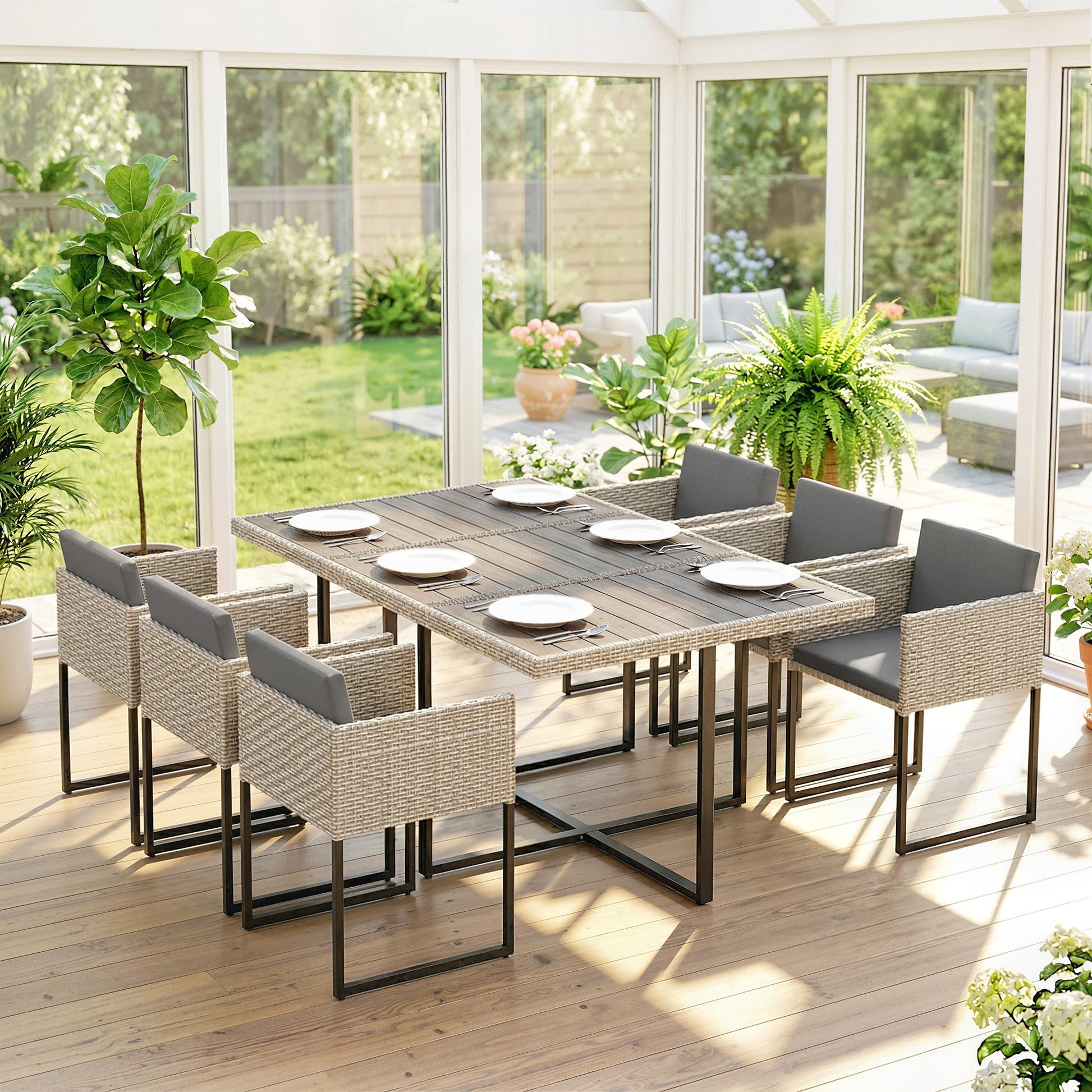 7 Piece Rattan Garden Furniture Set, Garden Dining Set with Wood-Plastic Table and 6 Stackable Chairs, Rattan Table and Chairs with 12 Cushions for Patio Terrace, Light Grey