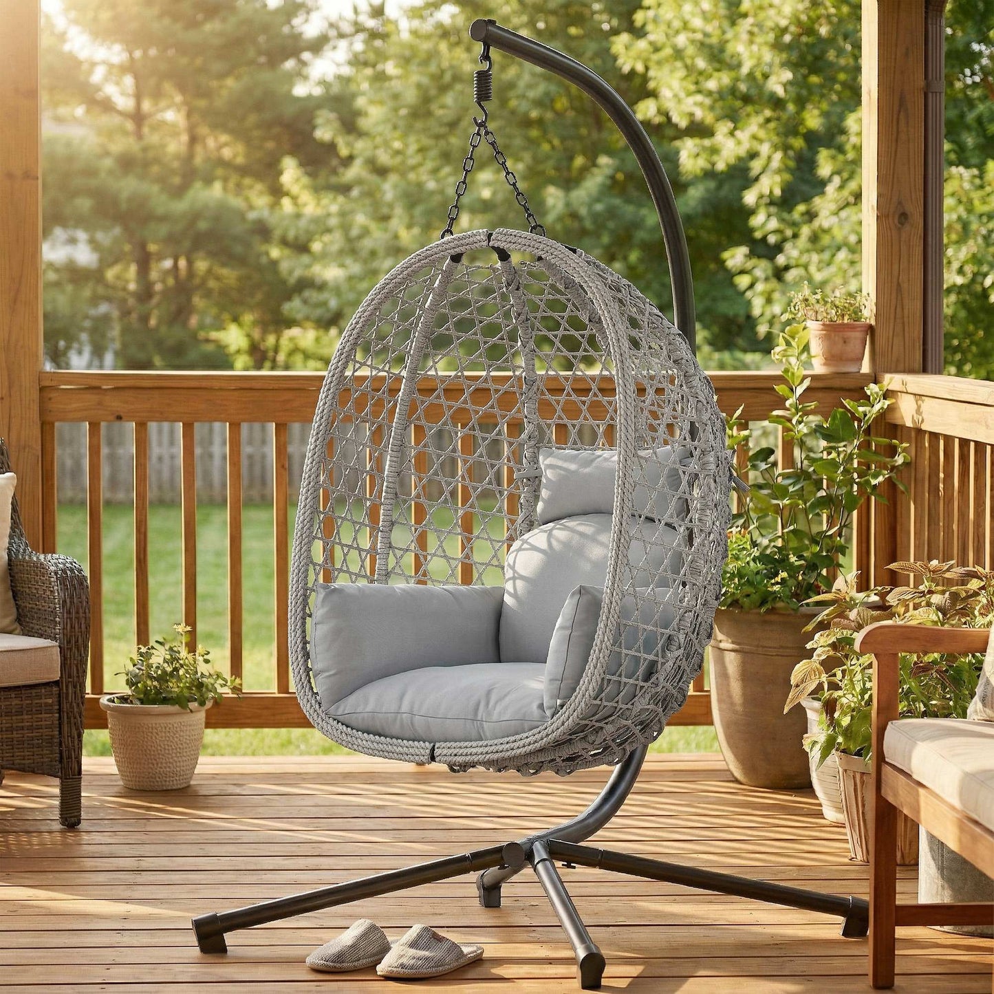 Hanging Egg Chair, Indoor Outdoor Rattan Hammock Swing Chair with Stand, Safety Strap, Foldable Basket, Thick Cushion, Headrest, Metal Frame for Garden Balcony Patio Lounge Porch, Light Grey