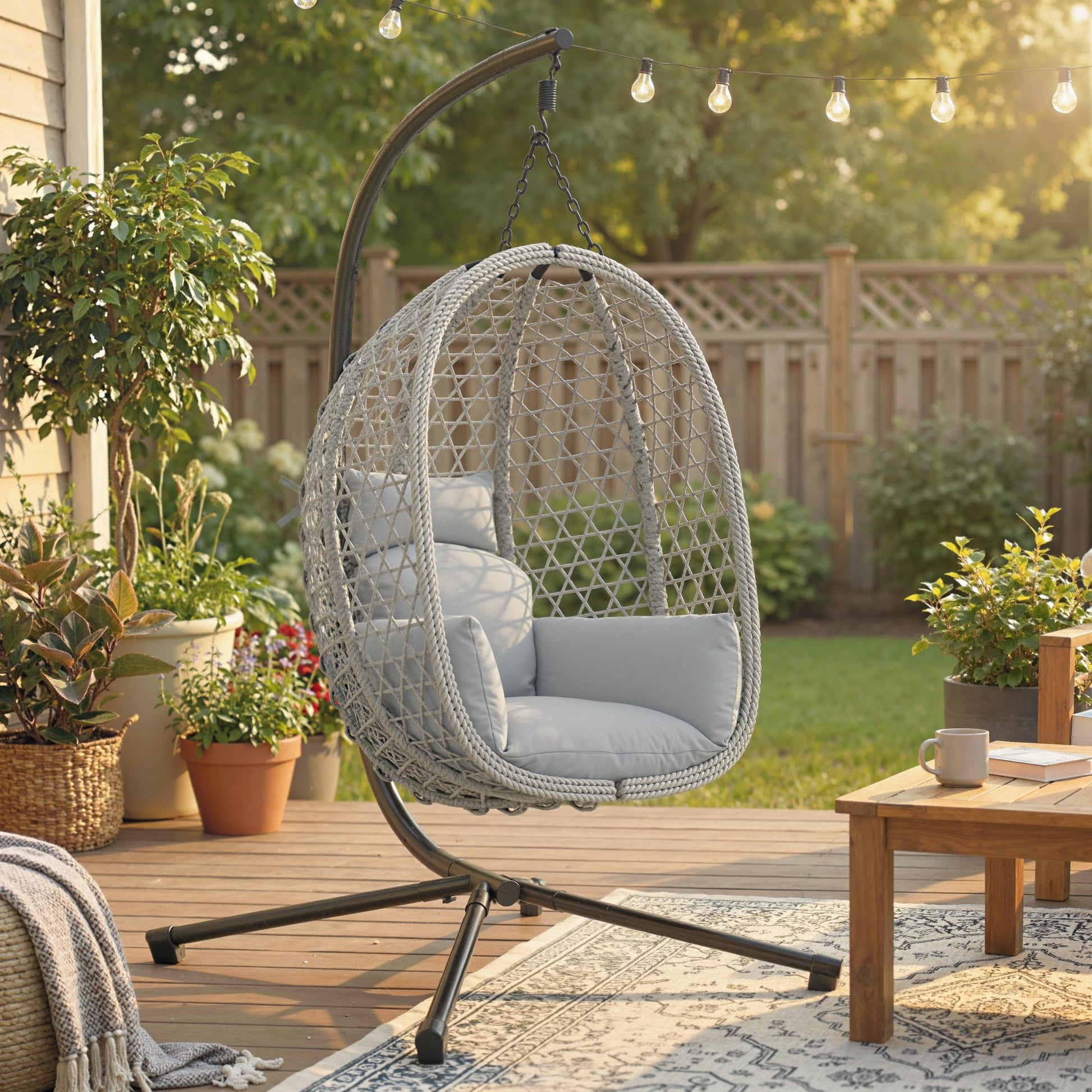 Hanging Egg Chair, Indoor Outdoor Rattan Hammock Swing Chair with Stand, Safety Strap, Foldable Basket, Thick Cushion, Headrest, Metal Frame for Garden Balcony Patio Lounge Porch, Light Grey