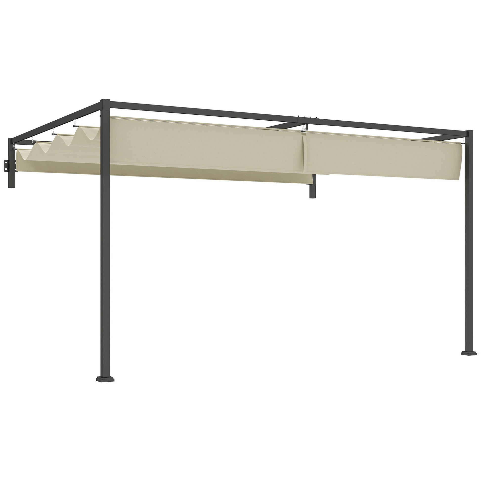 3 x 4m Lean To Pergola with Retractable Roof, Wall Mounted Garden Gazebo Outdoor Sun Shade Shelter for Patio, Deck, Khaki